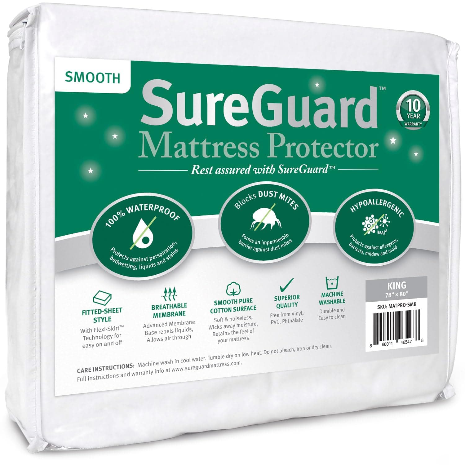 SureGuard King Size Mattress Protector - 100% Waterproof, Hypoallergenic - Premium Fitted Cotton Cover - Smooth