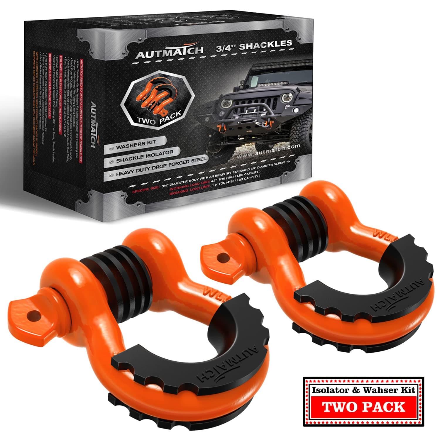 AUTMATCH D Ring Shackle 3/4" Shackles (2 Pack) 41,887Ibs Break Strength, Clevis Shackle with 7/8" Screw Pin and Shackle Isolator Washers Kit for Tow Strap Winch Off Road Vehicle Recovery, Orange