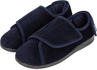 Men's Wide Fit Corduroy Slippers, Adjustable Hook & Loop with Memory Foam for Indoor Comfort