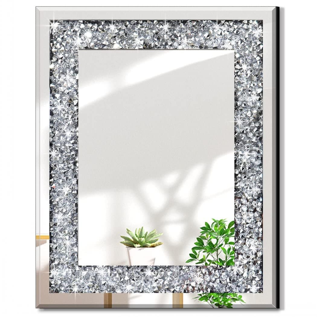 Rectangle Sparkling Decorative Wall Mirror for Home Decoration with Silver Crystal Crush Diamond Décor, Dimention16x20x1 inch, Wall Hang Frameless Mirrors Glass Diamond Décor.