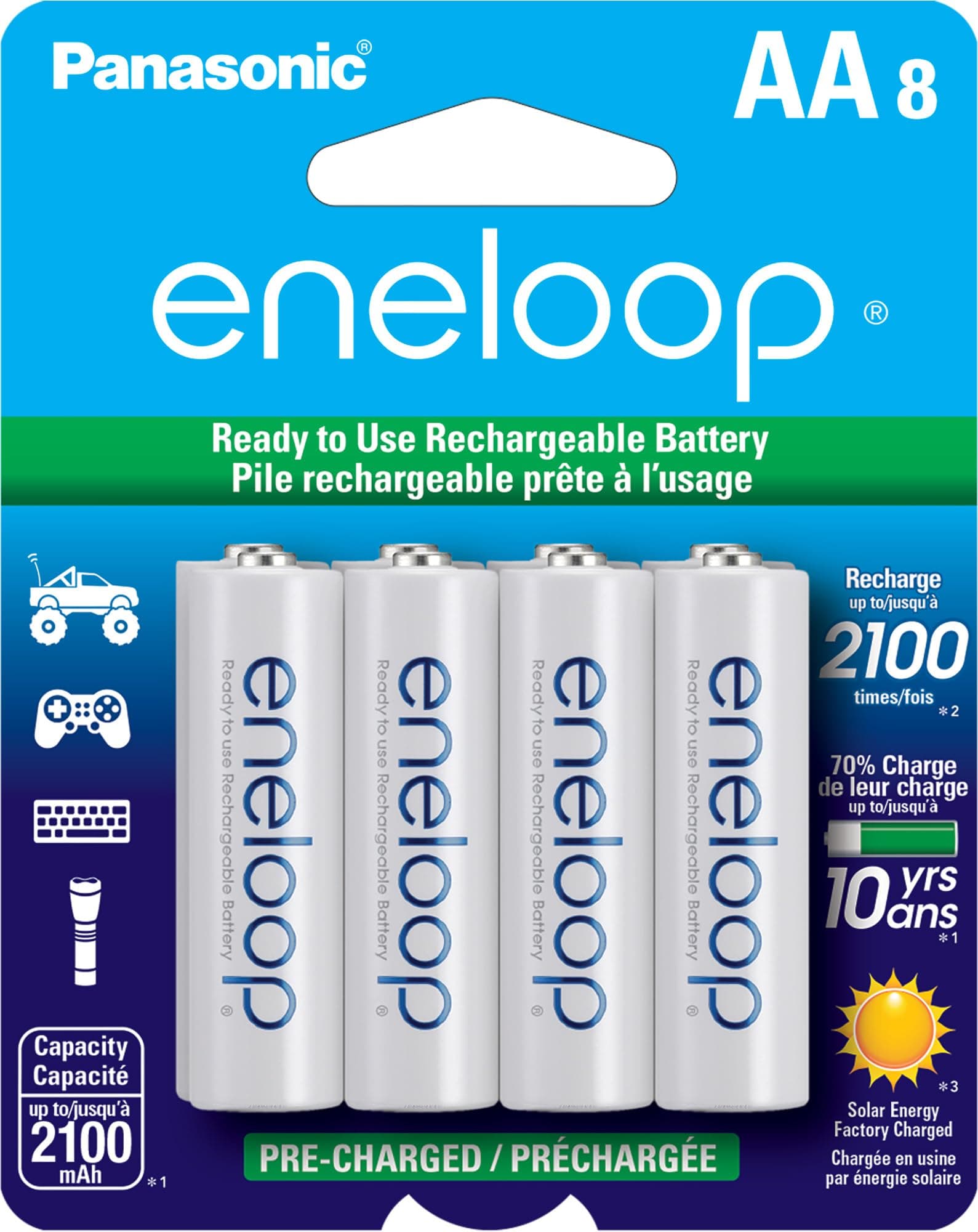 Eneloop Panasonic BK-3MCCA8BA AA 2100 Cycle Ni-MH Pre-Charged Rechargeable Batteries, 8-Battery Pack