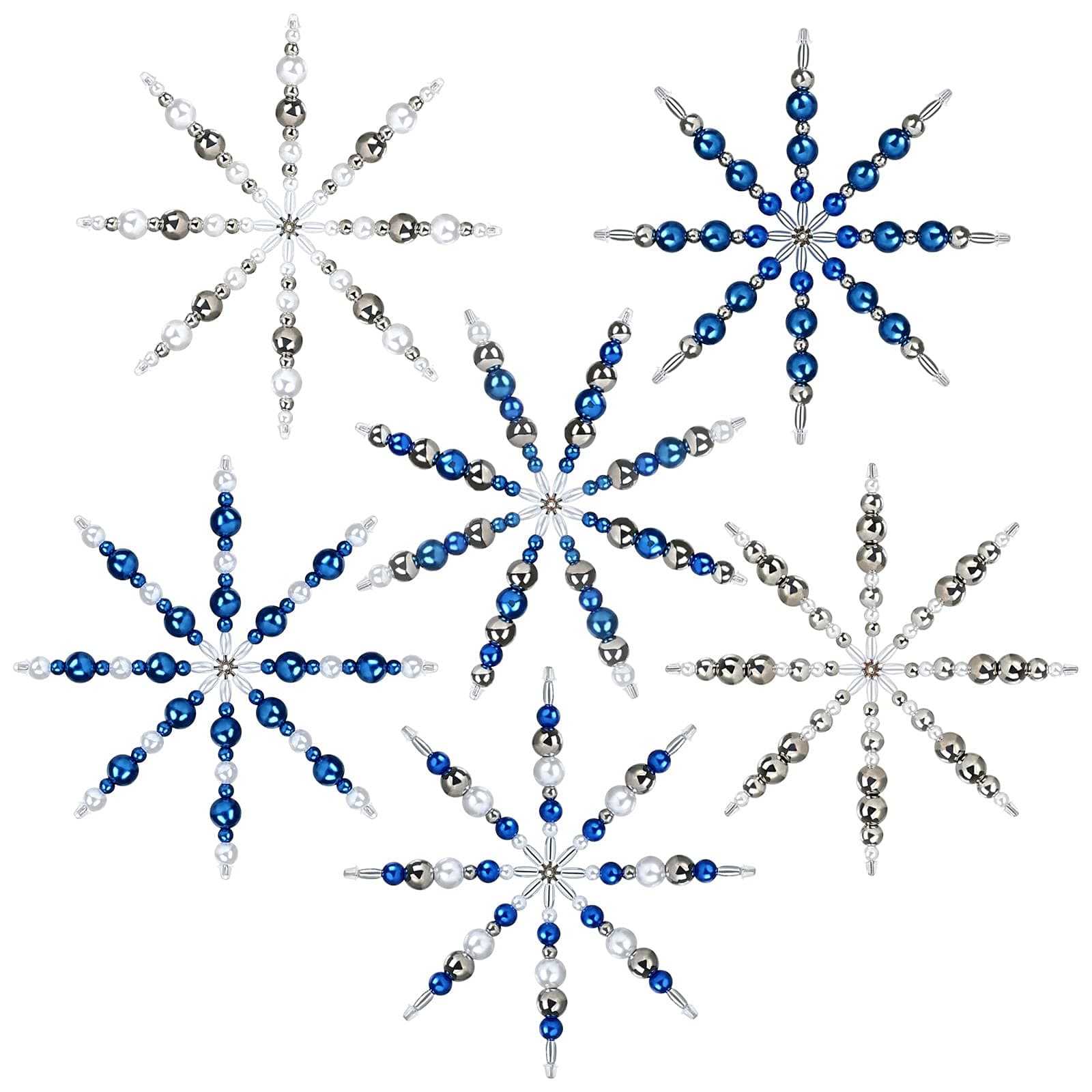 Naler 6 Pack Beaded Snowflake Ornament Kit for DIY Making Christmas Tree Ornaments, White Blue Silver, Includes Assorted Pearl Beads and Stainless Steel Wire Snowflake Forms