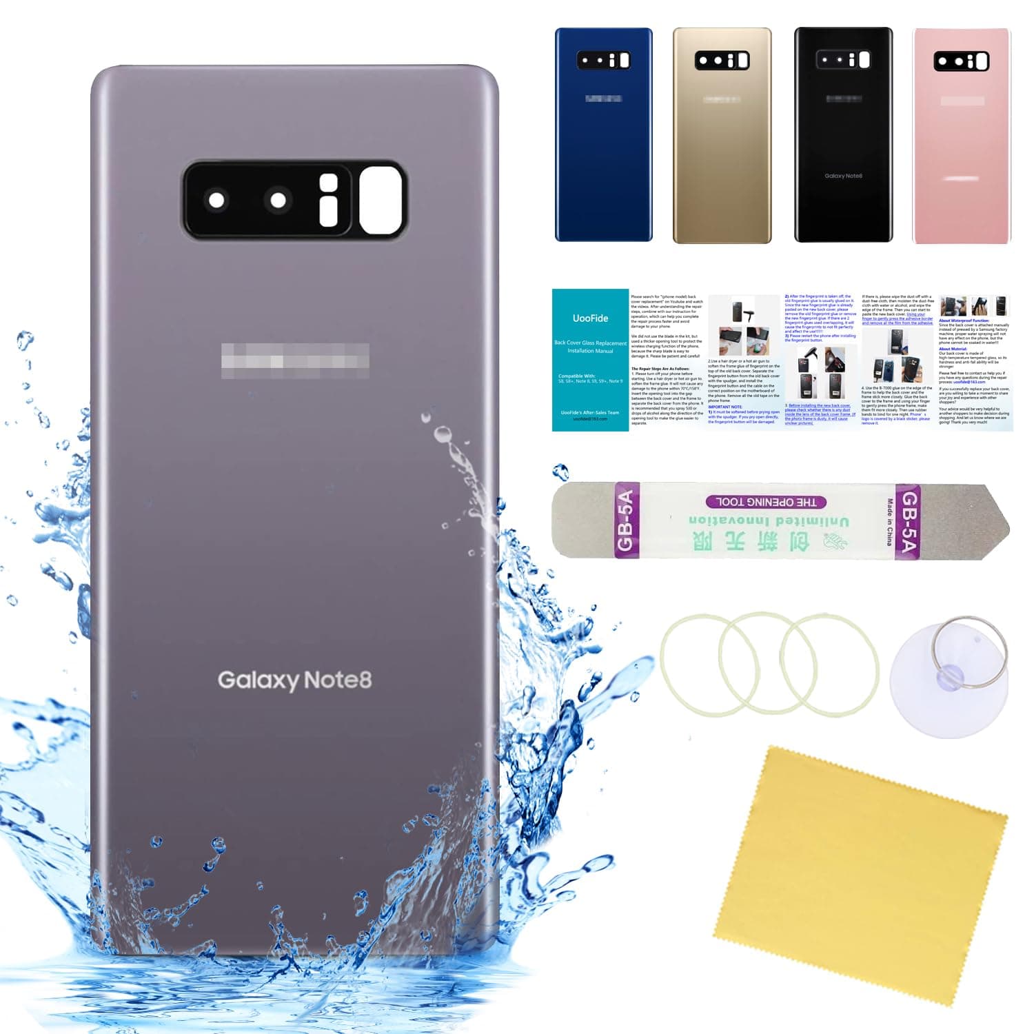 Compatible for Samsung Galaxy Note 8 Back Glass Cover Replacement 6.3-Inches SM-N950 All Carriers with Installation Manual + Repair Tool Kit (Orchid Gray)