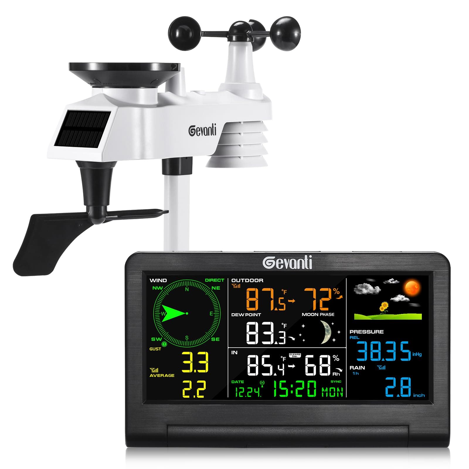 Weather Station with 9 in 1 Sensor & LCD Display. Wireless Indoor Outdoor, Rain Gauge and Wind Speed/Direction, Moon Phase, Forecast, Temperature, Pressure, Humidity, Weather Station with Alarm