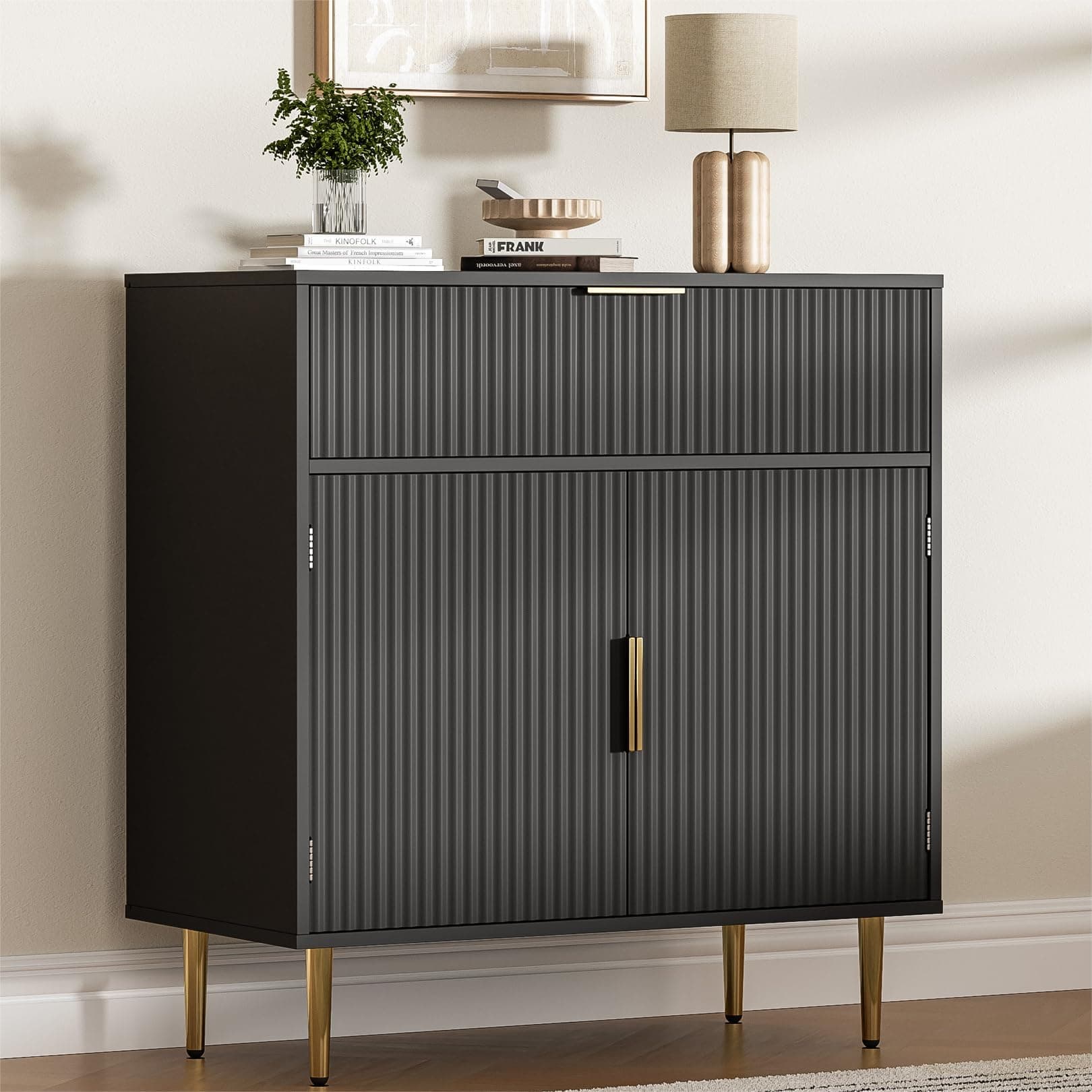 Sideboard Buffet Cabinet with 2 Doors & Drawer, Coffee Bar with Adjustable Shelves, Liquor Cabinet with Storage, Accent Cabinet Console Table for Living Dining Room, Black