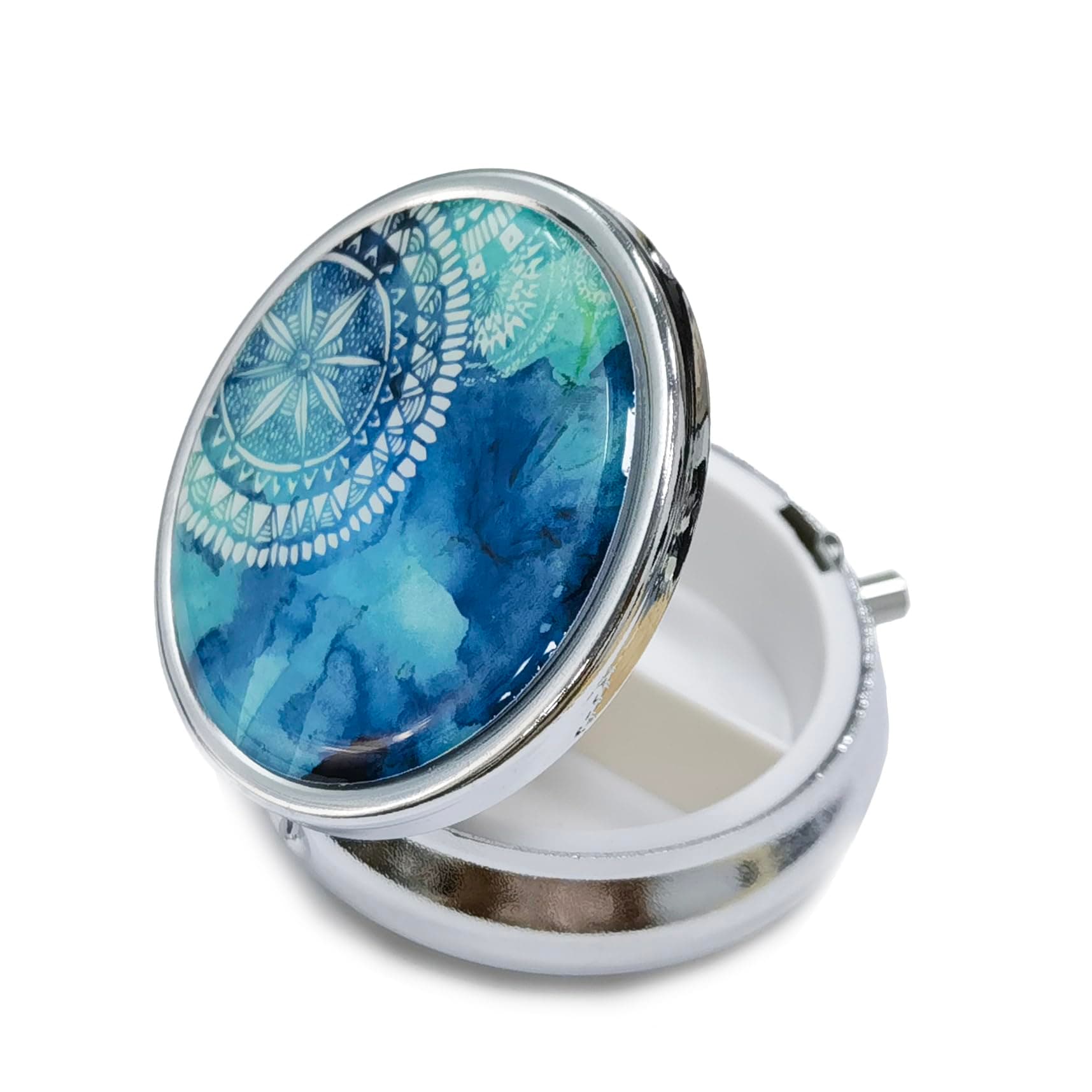 Pill Box with Mirror 3 Compartments, Small Metal Pill Case for Tablets Vitamins Cod Liver Oil Supplements Medication Purse Pocket Portable Round Pill Organiser Medicine Storage, Blue