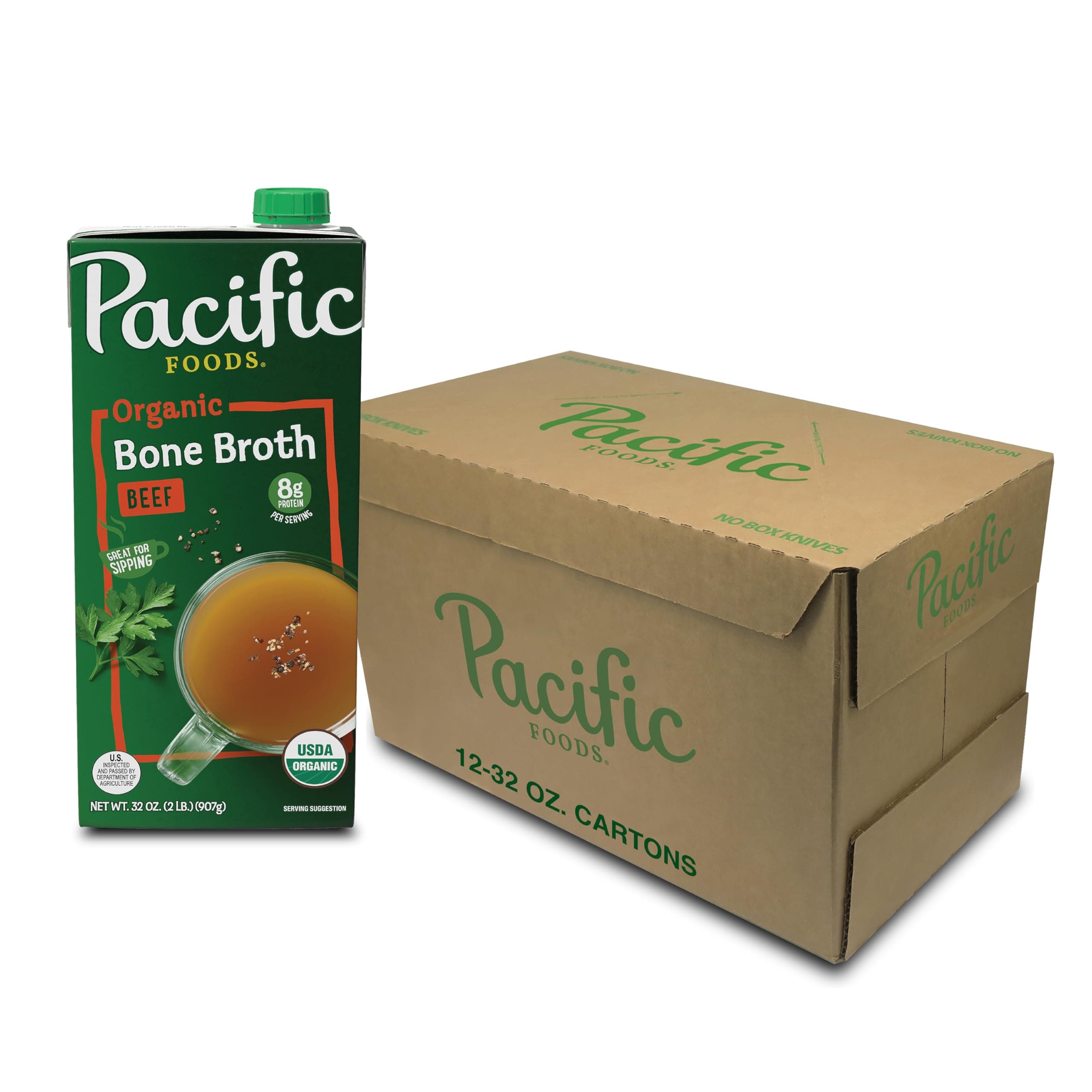 Pacific Foods Organic Beef Bone Broth, 32 Oz, Pack of 12