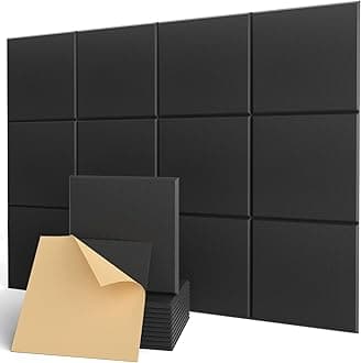 Sound Proofing Panels, Kuchoow Acoustic Panels Self-Adhesive, 12 Pack High Density Soundproofing Panels for Ceiling/Door/Wall Decoration and Acoustic Treatment (12" X 12" X 0.4") Black