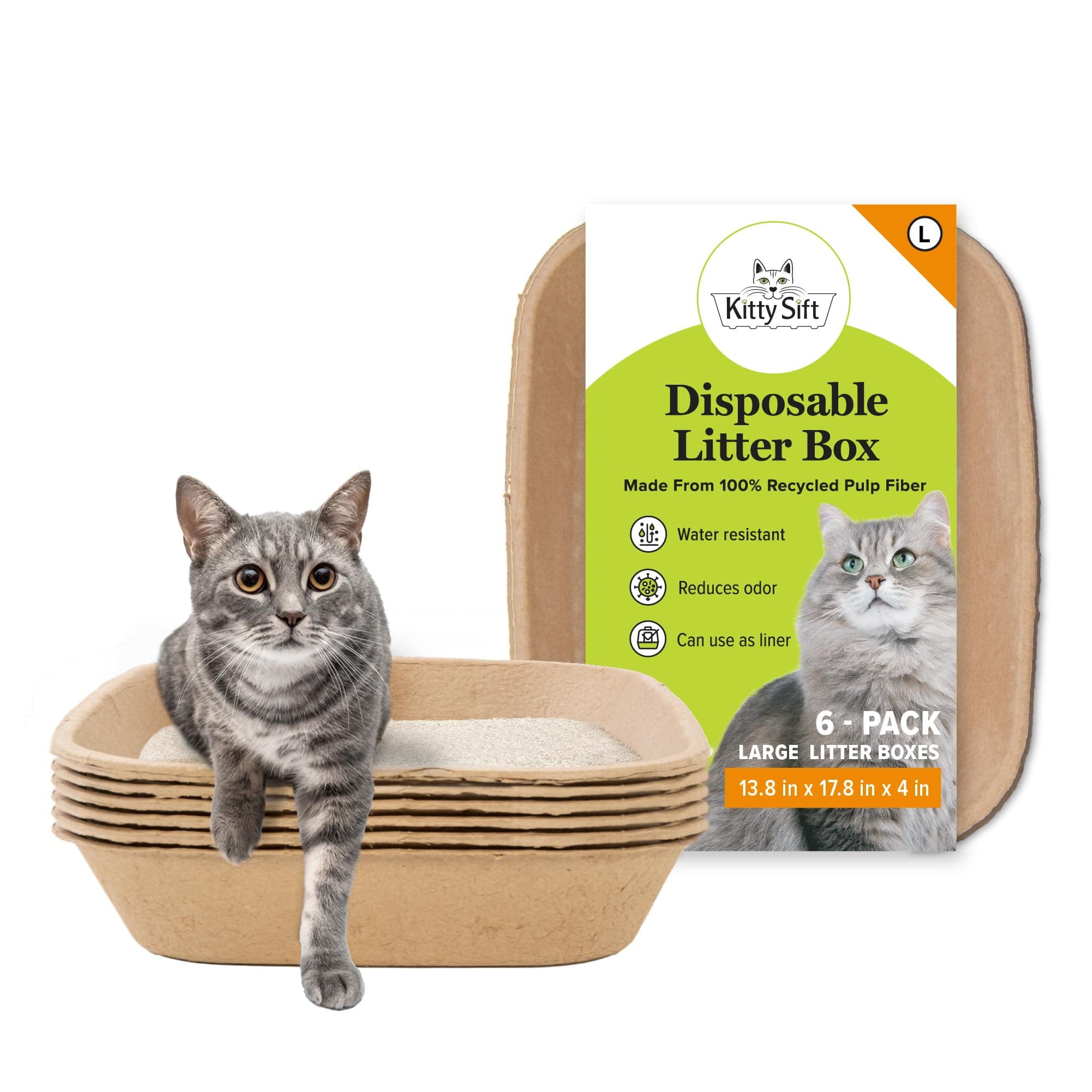 Kitty Sift Disposable Cat Litter Box Large, 6 Count, Durable Portable for Travel and Home, Eco-Friendly Disposable Litter Box Controls Odor