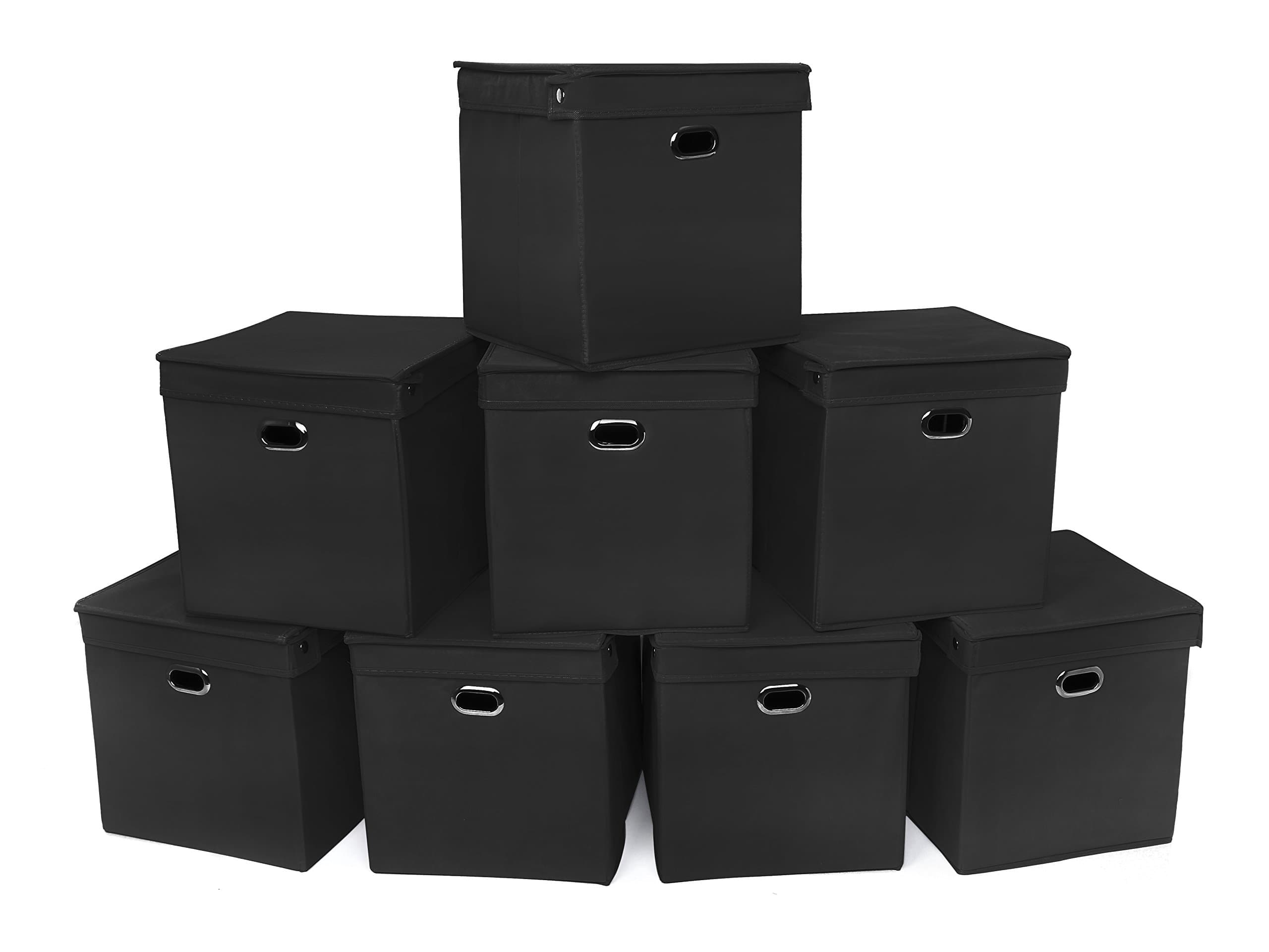 Foldable Collapsible Fabric Storage Bin Cube with Lid and Side Metal Eyelets (2, Black)