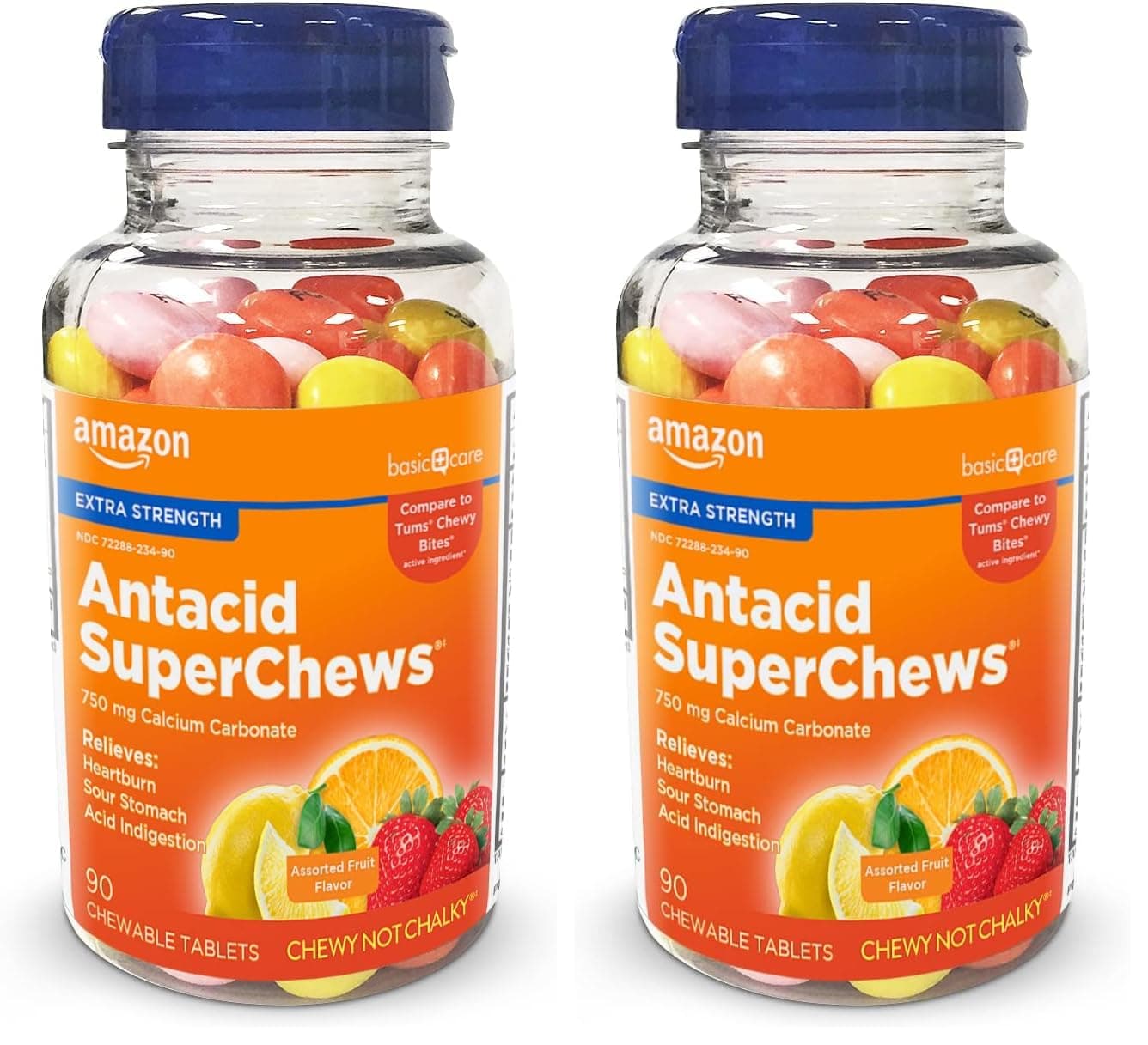 Amazon Basic Care Chewy Bites Chewable Antacid Tablets for Ultra Strength Heartburn Relief, Assorted Fruit, 90 Count (Pack of 2)