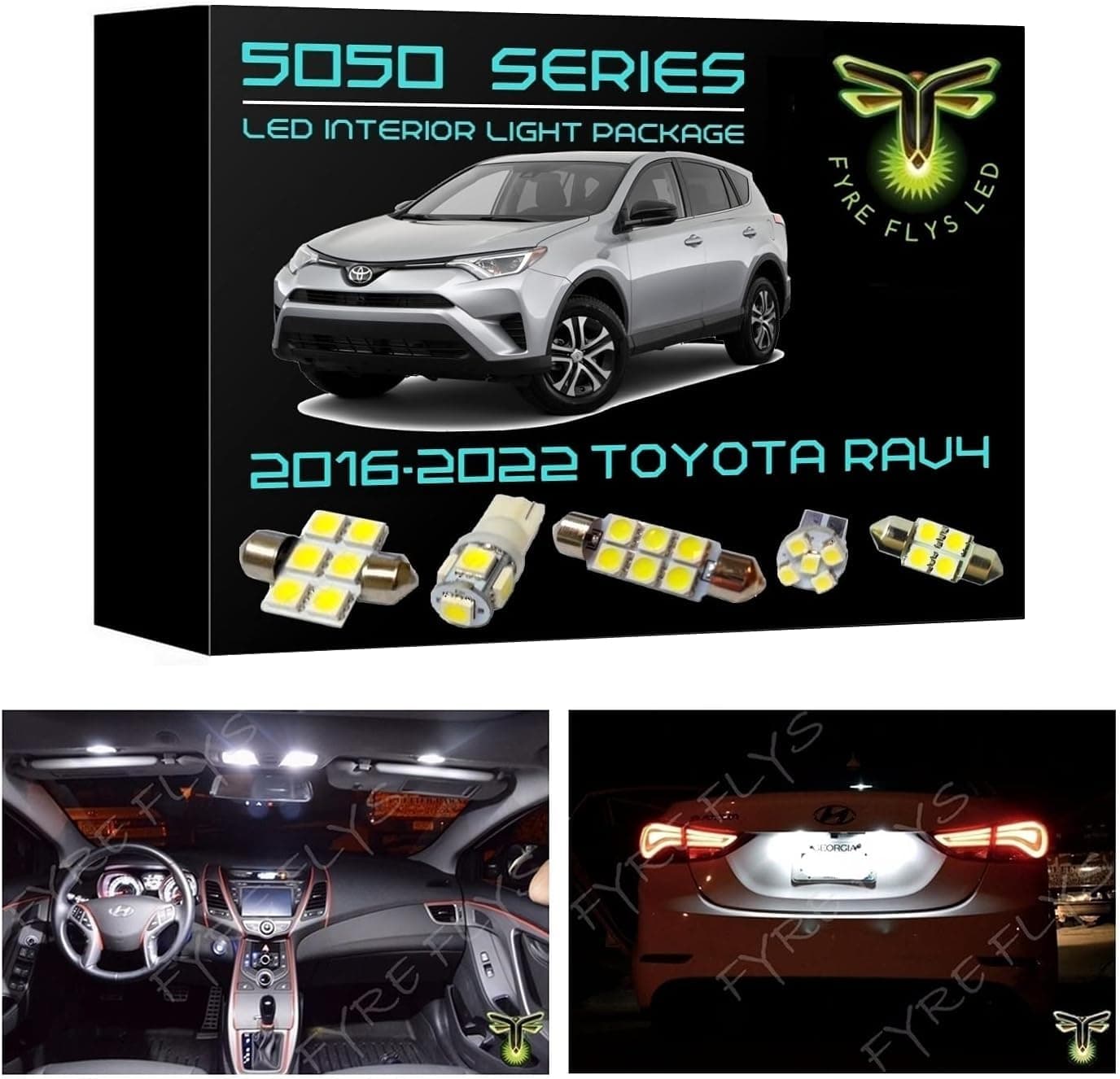 Fyre Flys 8 Piece White LED Interior Lights for 2016-2020 Toyota RAV4 6000K 5050 Series SMD Package Kit and Install Tool