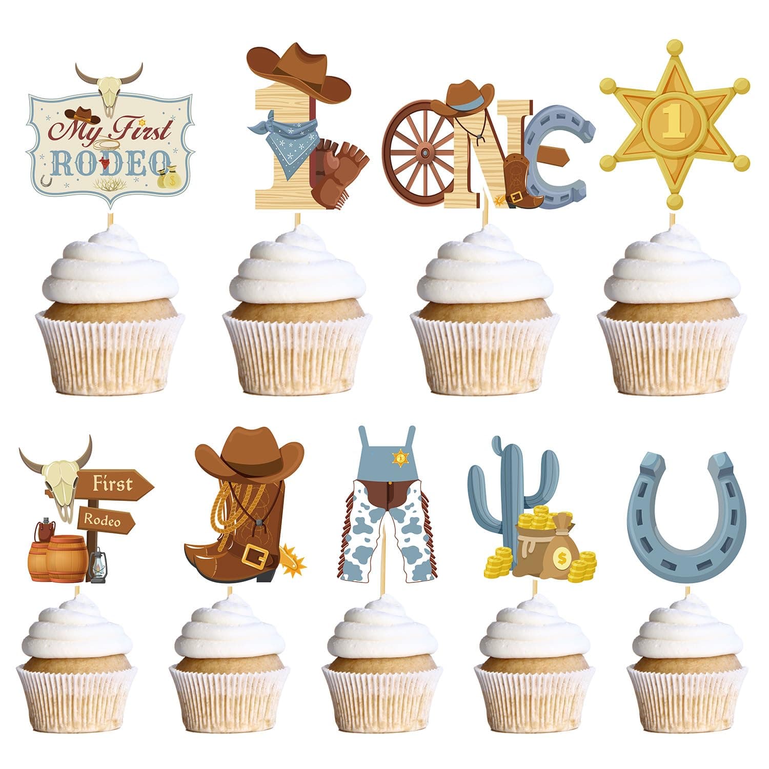 My First Rodeo Decorations Boy, 36PCS First Rodeo Cupcake Topper Birthday Decor, Western Cowboy 1st Bday Party Cake Decor Supplies