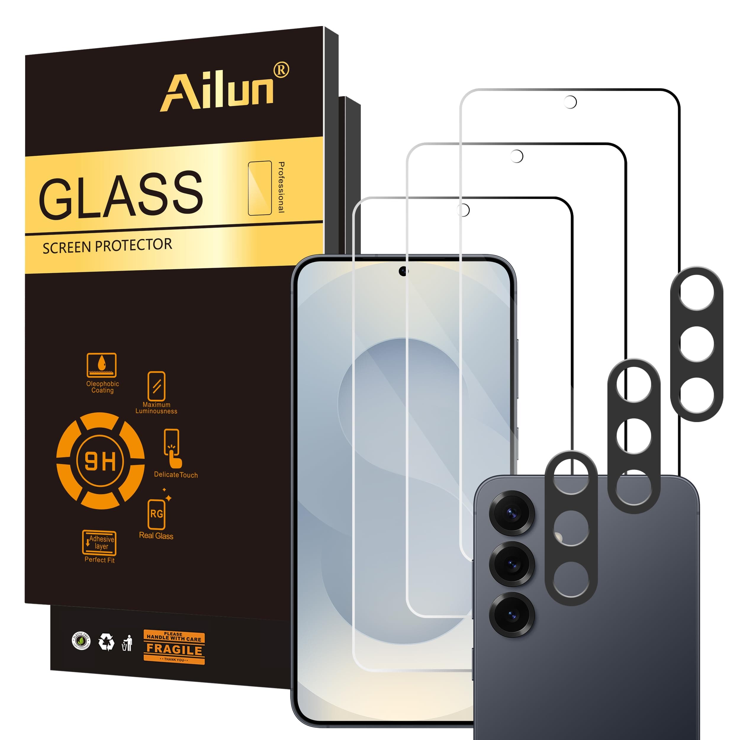 Ailun Glass Screen Protector for Galaxy S25+ / S25 Plus [6.7 Inch] 3Pack + 3Pack Camera Lens Tempered Glass Fingerprint Unlock 0.25mm Anti-Scratch Case Friendly Clear - HD