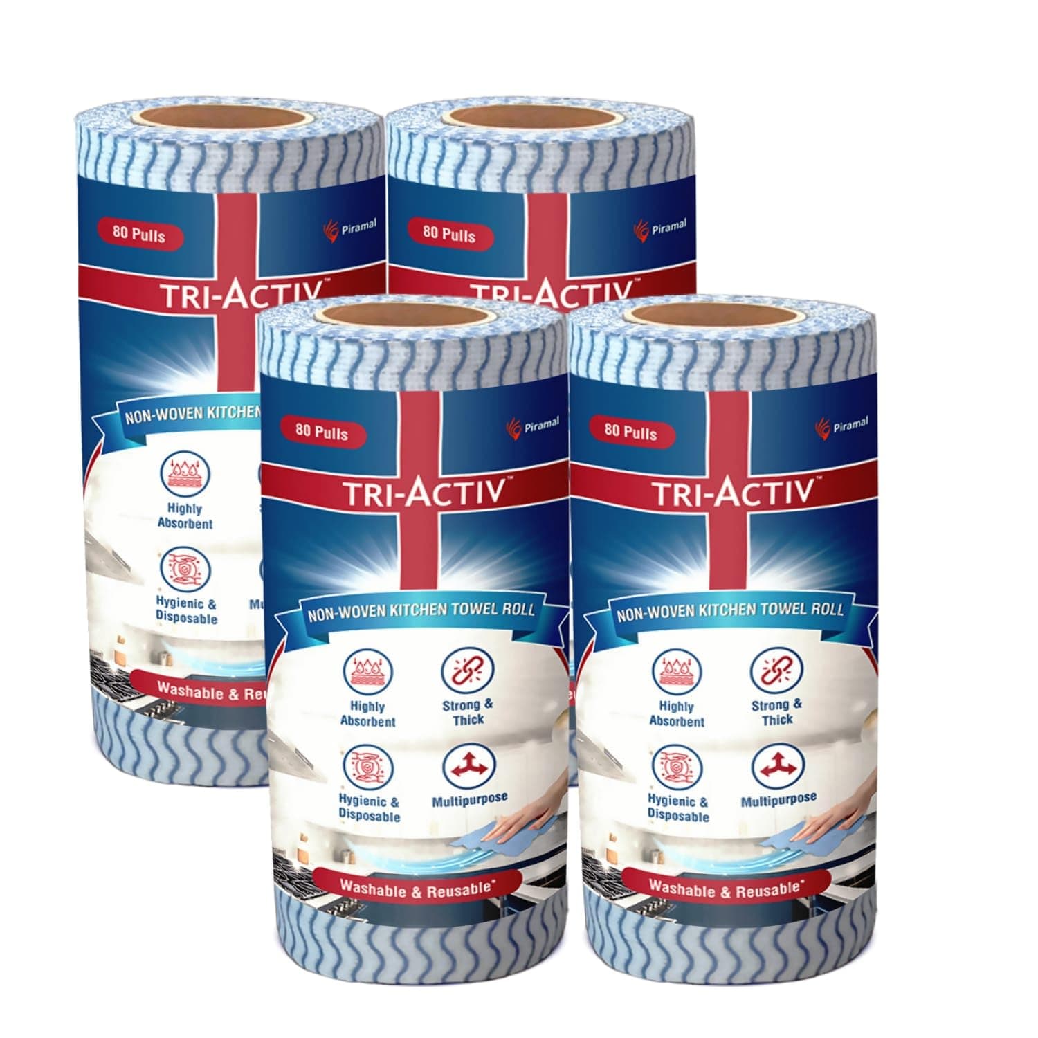 Tri-Activ Non-Woven Reusable Kitchen Towel Roll I 80 Pulls per Roll, 320 Sheets Pack of 4 I Highly Absorbent Kitchen Tissue Roll I Non-Woven Fabric I Free from OBA I Blue