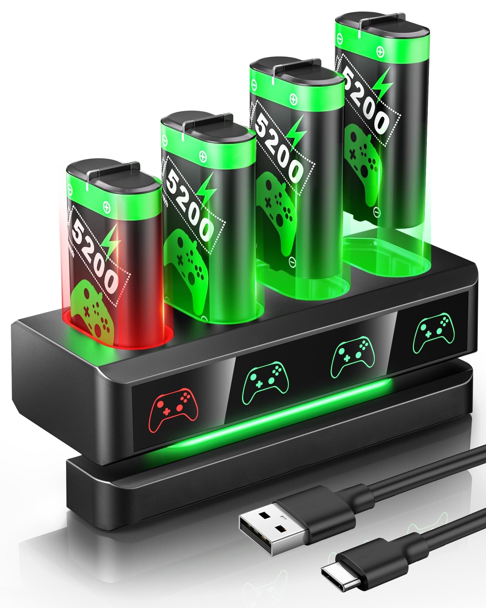 Rechargeable Battery Pack for Xbox Controller, 4 x 5200mWh Batteries for Xbox One and Series X|S, with Charger and Battery Pack Accessories.