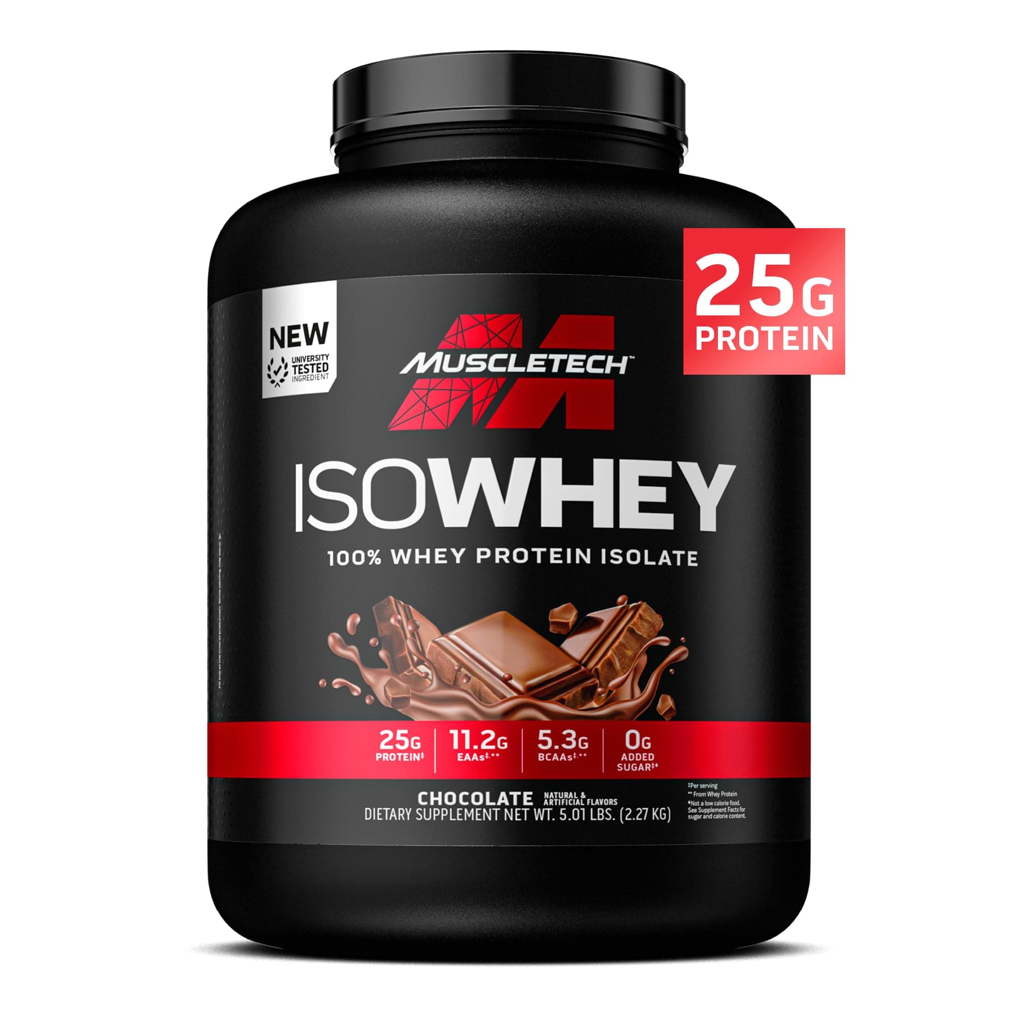 ISO Whey Isolate Protein Powder, Chocolate - Post Workout Gym Supplement for Lean Muscle Gain, Body Building Weight Gainer & Recovery - 25g Protein, BCAA, EAA & 0 Added Sugar - 5lbs
