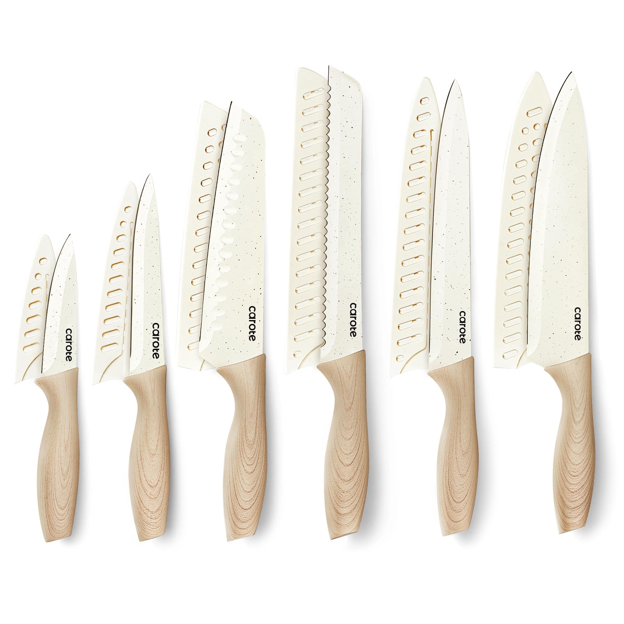12PCS Knife set with Blade Guards,Granite Nonstick Ceramic Coating,Stainless Steel blade, Anti-Slip Handle, Essential Knives, Rustproof, White
