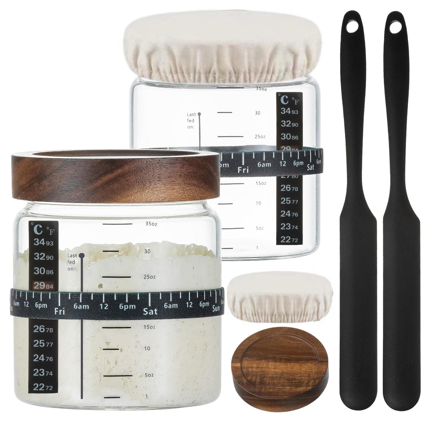 Sourdough Starter Jar 2Pack 35OZ with Ounce Scale Line,Date Marked Feeding Band, Thermometer, Sourdough Jar Scraper, Cloth Cover & Wood Lid, Wide Mouth for Sourdough Bread Baking