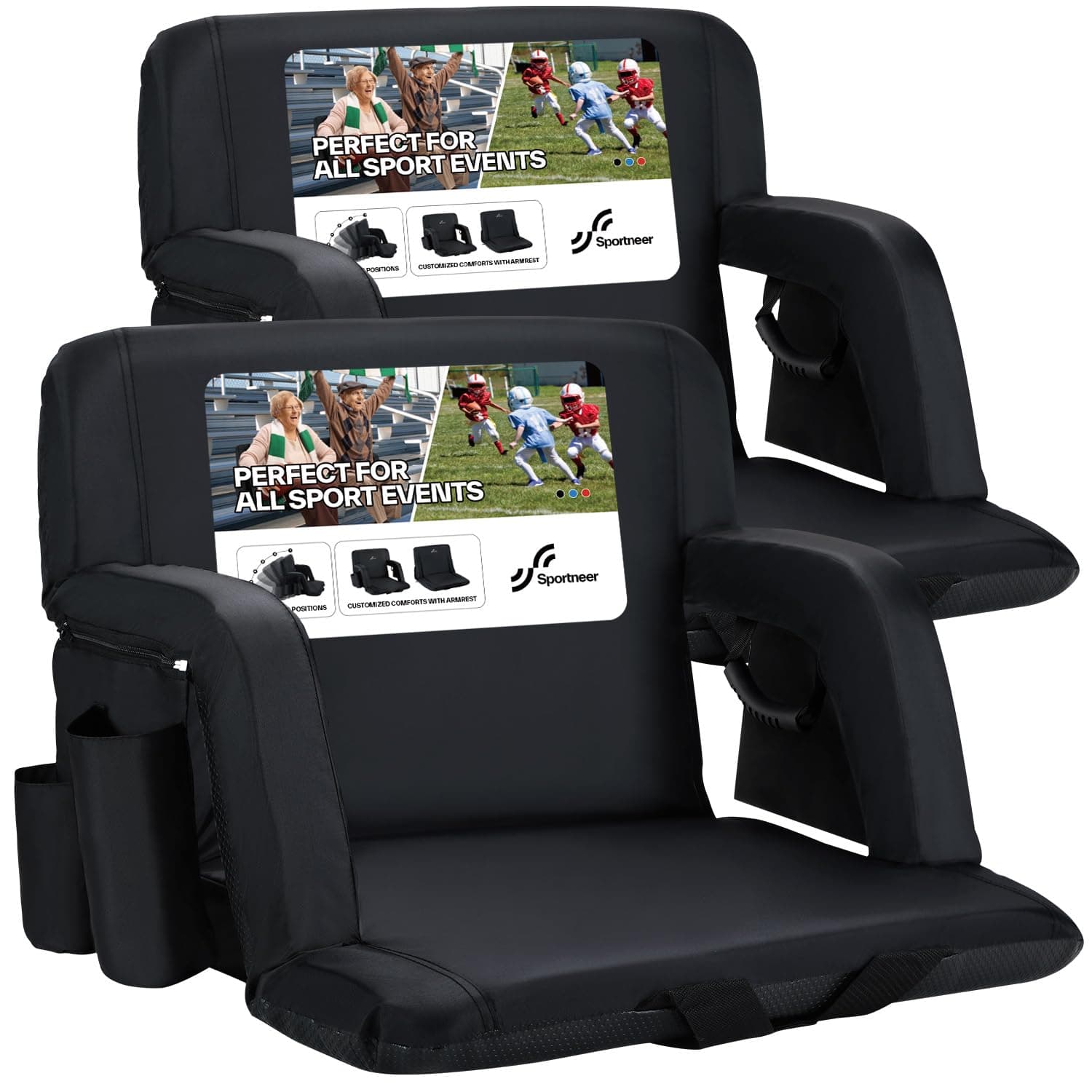 Sportneer Stadium Seats with Back Support: 2.5'' Thick Comfy Cushion 6 Adjustable Angle Bleacher Seat with Armrest - 2 Large Pockets, 2 Cup Holders Stadium Chair for Sport Events Concerts Parks