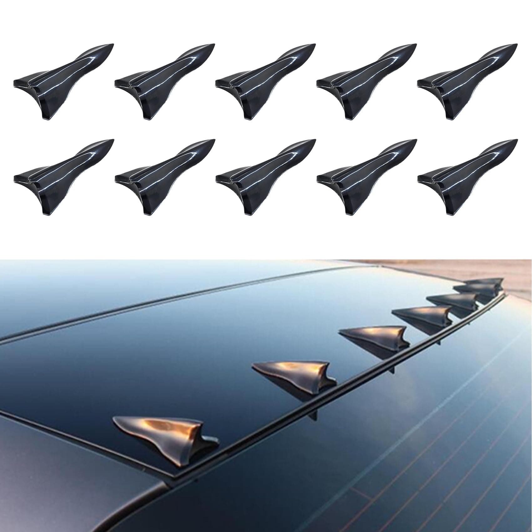 HAOBO 10PCS Roof Wing Auto Spoiler, Shark Fin Spoiler Diffuser, Car Waterproof Roof Spoiler, Car Shark Fin Auto Antenna Kit, Universal Stick-on Shark Spoiler for Cars Trucks SUVs (Black)