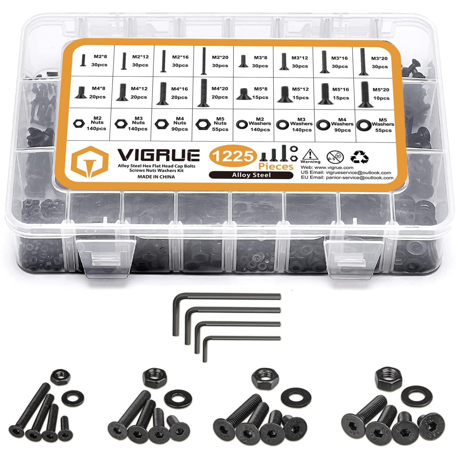 VIGRUE 1225PCS Metric M2 M3 M4 M5 Flat Hex Head Socket Cap Screws Alloy Steel Small Bolts Nuts Washers Assortment Kit, Allen Socket Drive with 4Pcs Hex Wrenches