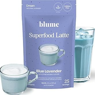 Blue Lavender Superfood Latte Powder – Organic Lavender Tea Powder, Blue Spirulina, Blue Butterfly Pea Flower Tea, Chamomile, Coconut Milk - Caffeine Free, Vegan, 1g Sugar - 25 Servings