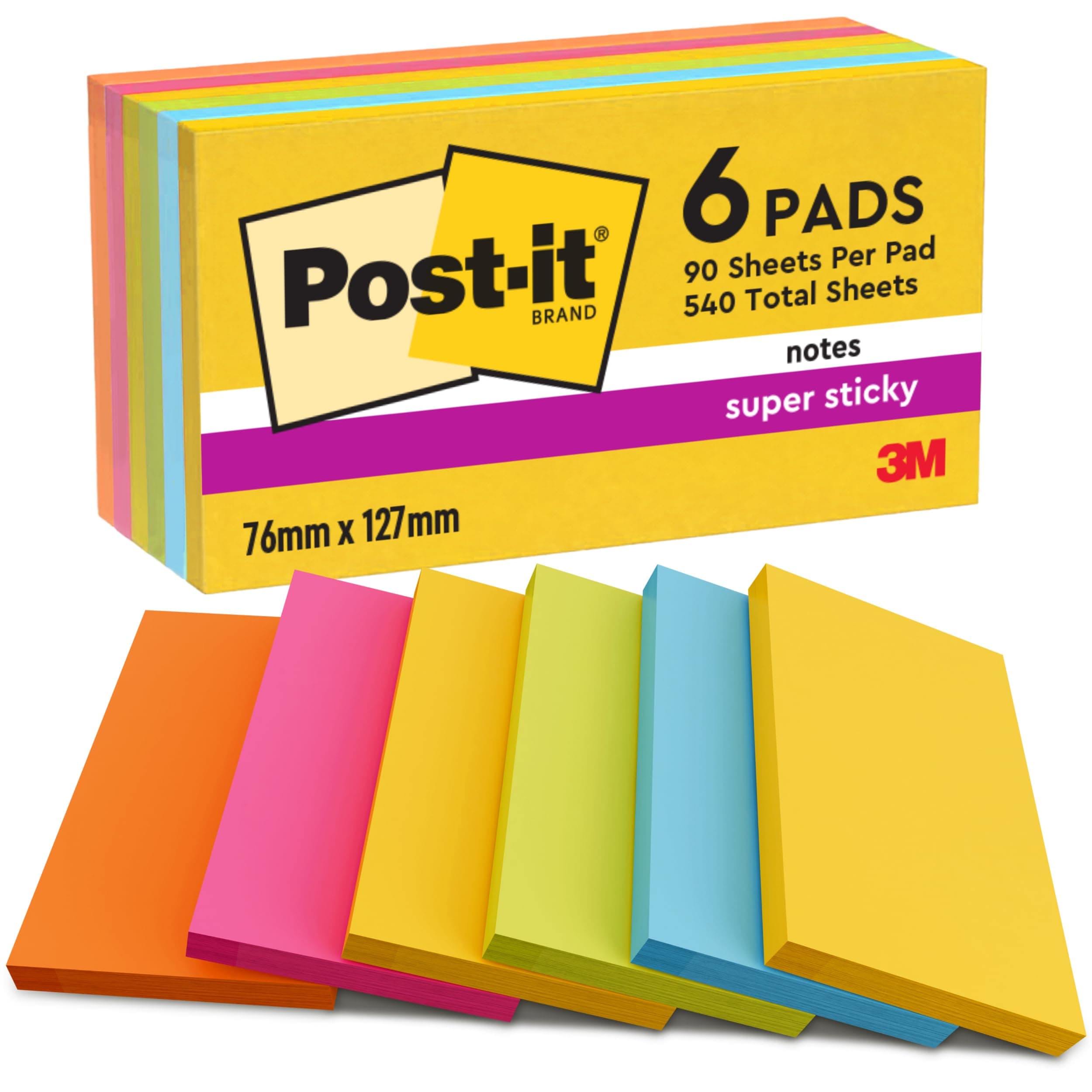 Super Sticky Notes, 540 Sheets, Pack of 6 Pads, 76 mm x 127 mm - Holds Strong to Many Surfaces - Bright Colours - for Walls, Monitors and Fridge, Recycable