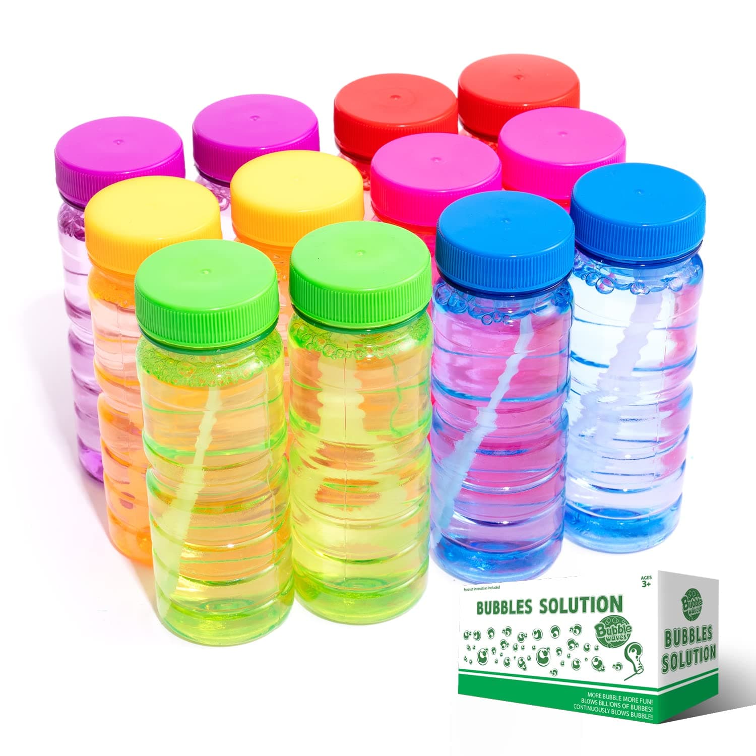12 Pack 4oz Bubble Bottle with 5-Hole Wand and 12 Bag 10ml Concentrate Bubble Refill Solution, Colorful Bottle of Bubble Solution, Novelty Summer Toy for Toddlers, Birthday Party Favor Toy
