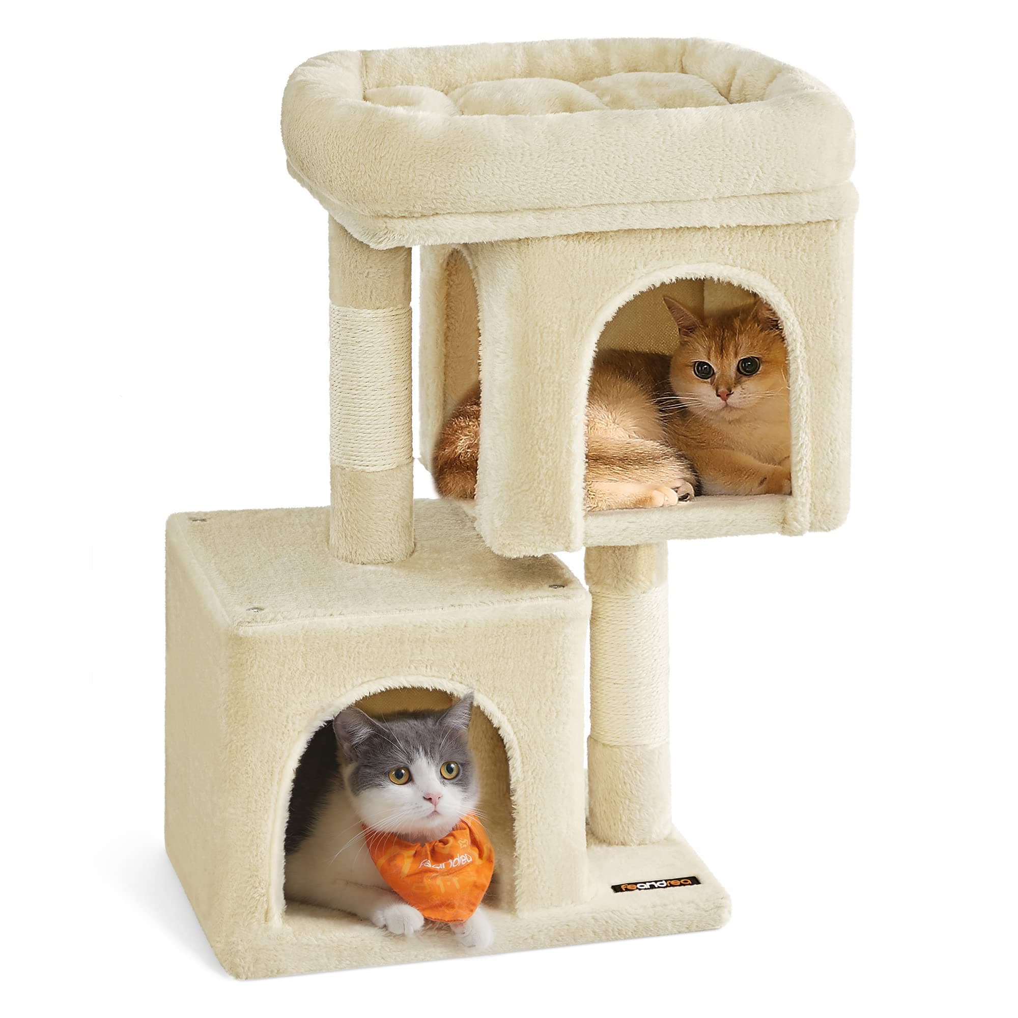 Feandrea Cat Tree, 26.4-Inch Cat Tower, Plush Condo for Kittens up to 7 lb, Large Perch, 2 Caves, Scratching Post, Beige UPCT611M01
