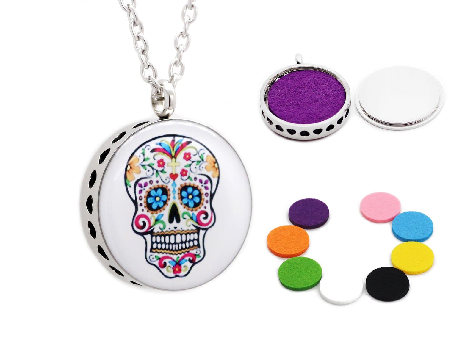 Diffuser Necklace Aromatherapy Essential Oil Locket Stainless Steel Epoxy Perfume Fragrance Pendant for Women Wiith 8 Refill Pads (Skull Head)