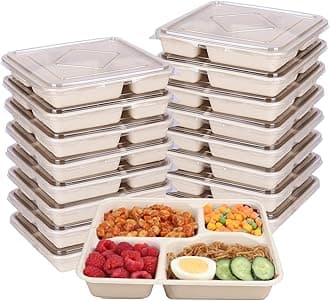 37 OZ Sugarcane Fiber 4 Compartments disposable plates with Lids Bagasse Plant Fibers Freezer Safe 25 PACK