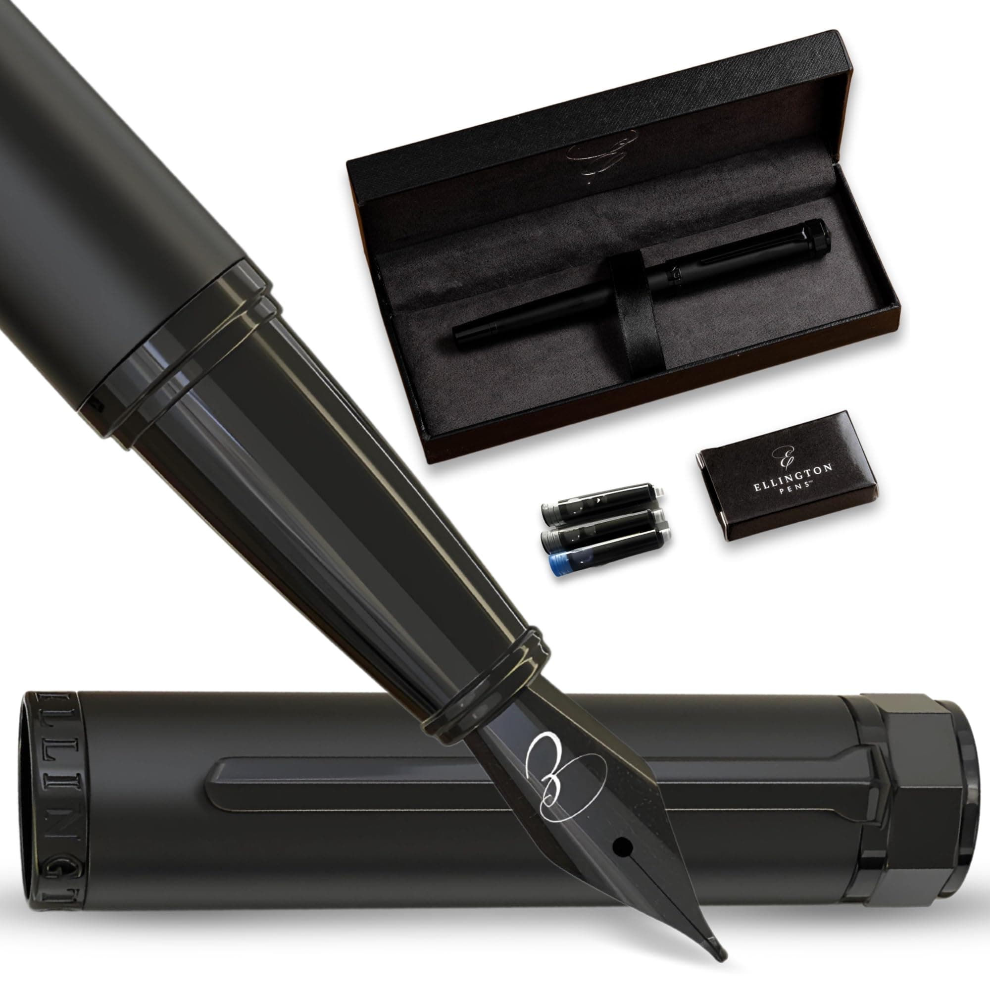 Luxury Fountain Pen Set - Smooth Medium Nib - Includes 3 Ink Cartridges, Refillable Ink Converter, Gift Box - Fountain Pens For Writing, Calligraphy, Journaling, Sketching (The Stealth)