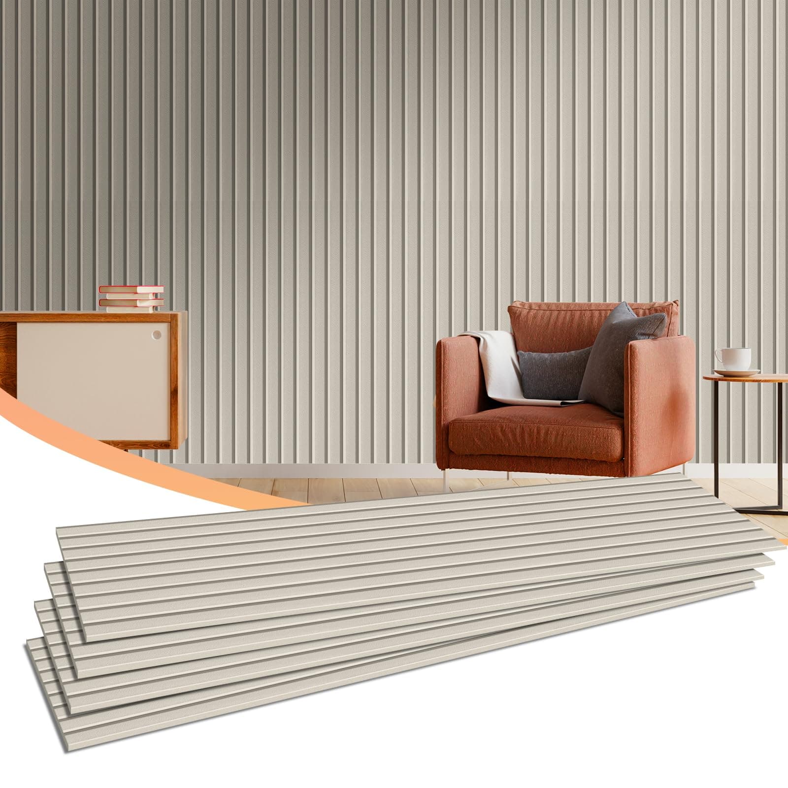 Self-Adhesive 3D Acoustic Wall Panels 5 Pack (Covers 20 Sq Ft) - Decorative Soundproof Panels for Home Studio & Theater, 47x12x0.4 Inch, Light Camel