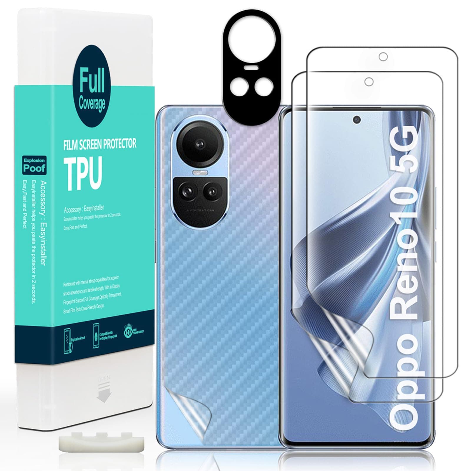 Ibywind Screen Protector For Oppo Reno10 5G 6.7",with 2Pcs Flexible TPU Film,1Pc Camera Lens Protector,1Pc Backing Carbon Fiber Film [Fingerprint Reader,Easy to install]