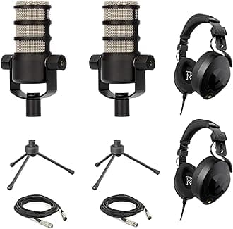 StreamEyeRode PodMic Dynamic Podcasting Microphones (Pair) with Tripod Desktop Microphone Stands, Rode NTH-100 Professional Closed-Back Over Ear Headphones, XLR Cables and Polishing Cloth