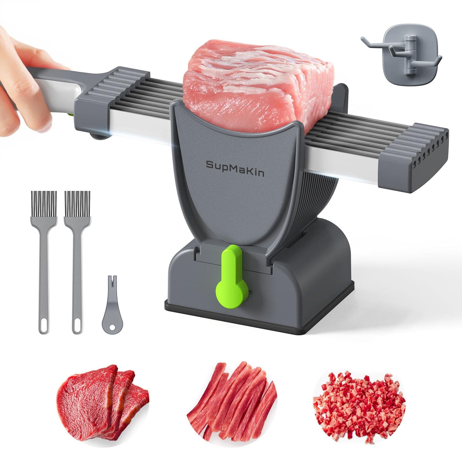 SupMaKin Fresh Meat Slicer, Thickness Adjustable 2 or 4 mm, 17 IN 1 Stainless Steel Manual Meat Cutter, Cleaver Kitchen Knife, Jerky Slicer Suit for Chicken Breast Beef Pork (Gray)