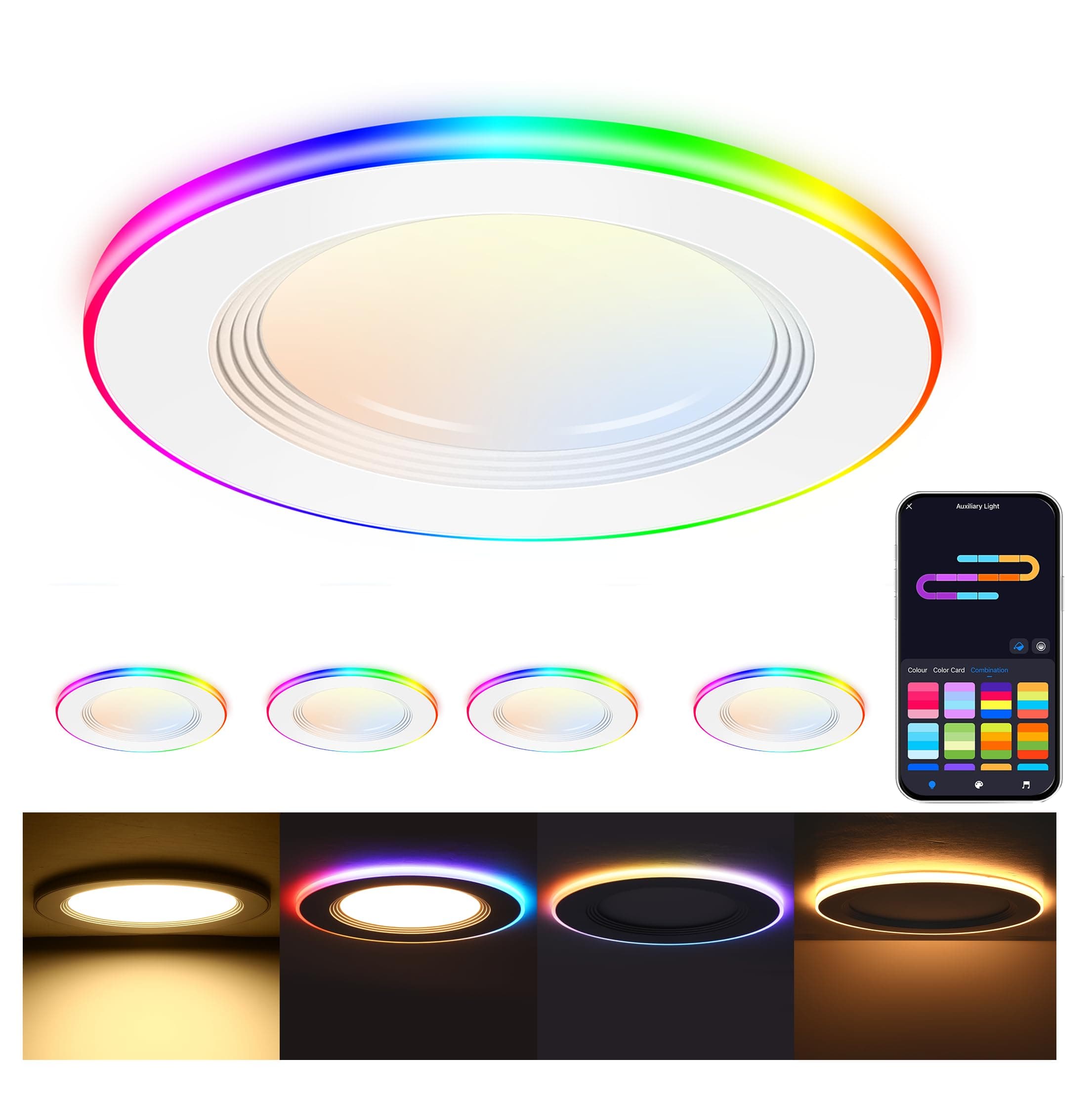 [4 Pack] 4 Inch RGB Smart Recessed Lighting with Gradient Accent Light and Night Light,13W Recessed Lights Ultra-Thin Can-Killer Downlight, Compatible with Alexa and Google Home Assistant