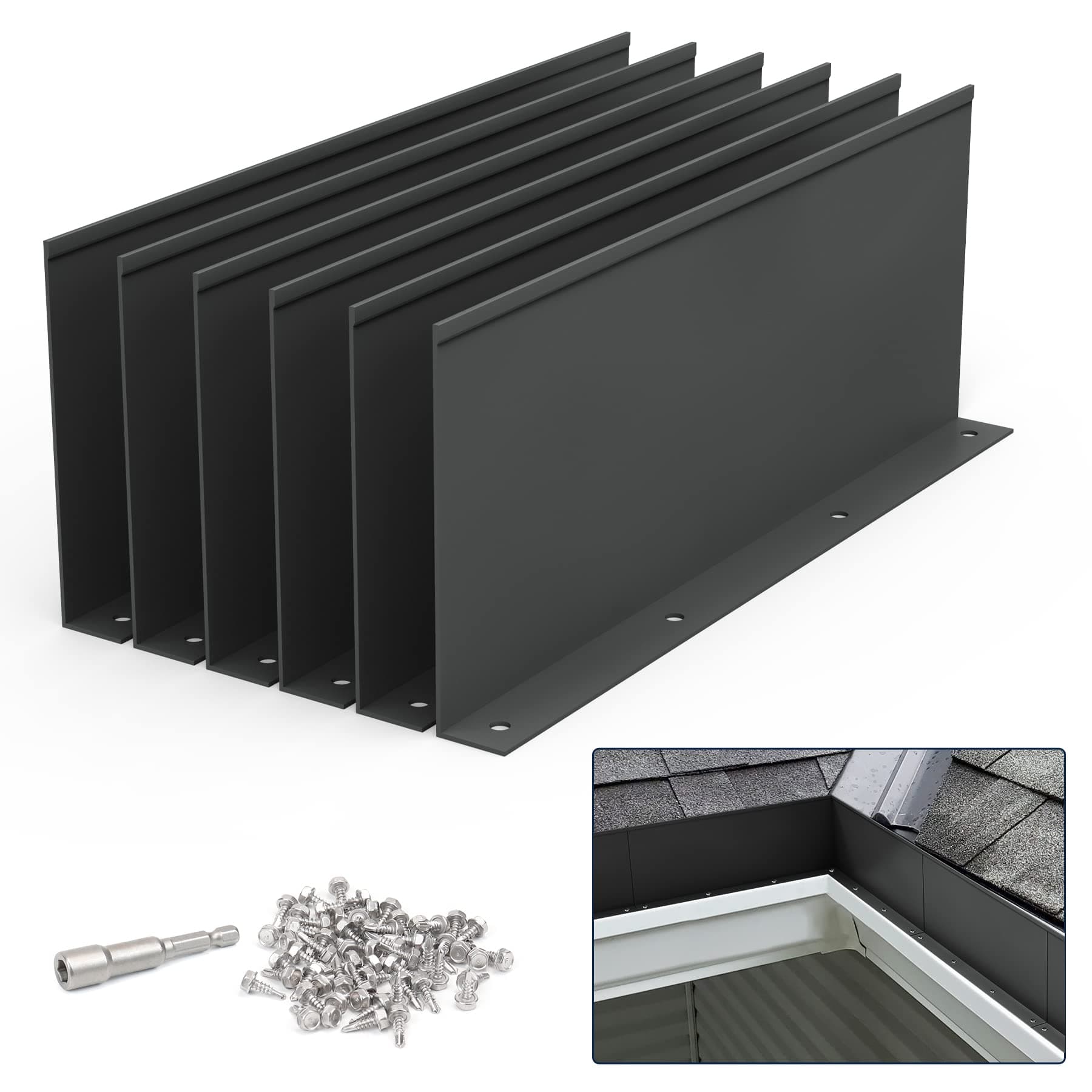 Pearwow Gutter Valley Splash Guard,Aluminum Rain Diverter Roofing Gutter Splash Guards for Valley,Corner or Straight,10 Inch Each (6 Pcs Black)