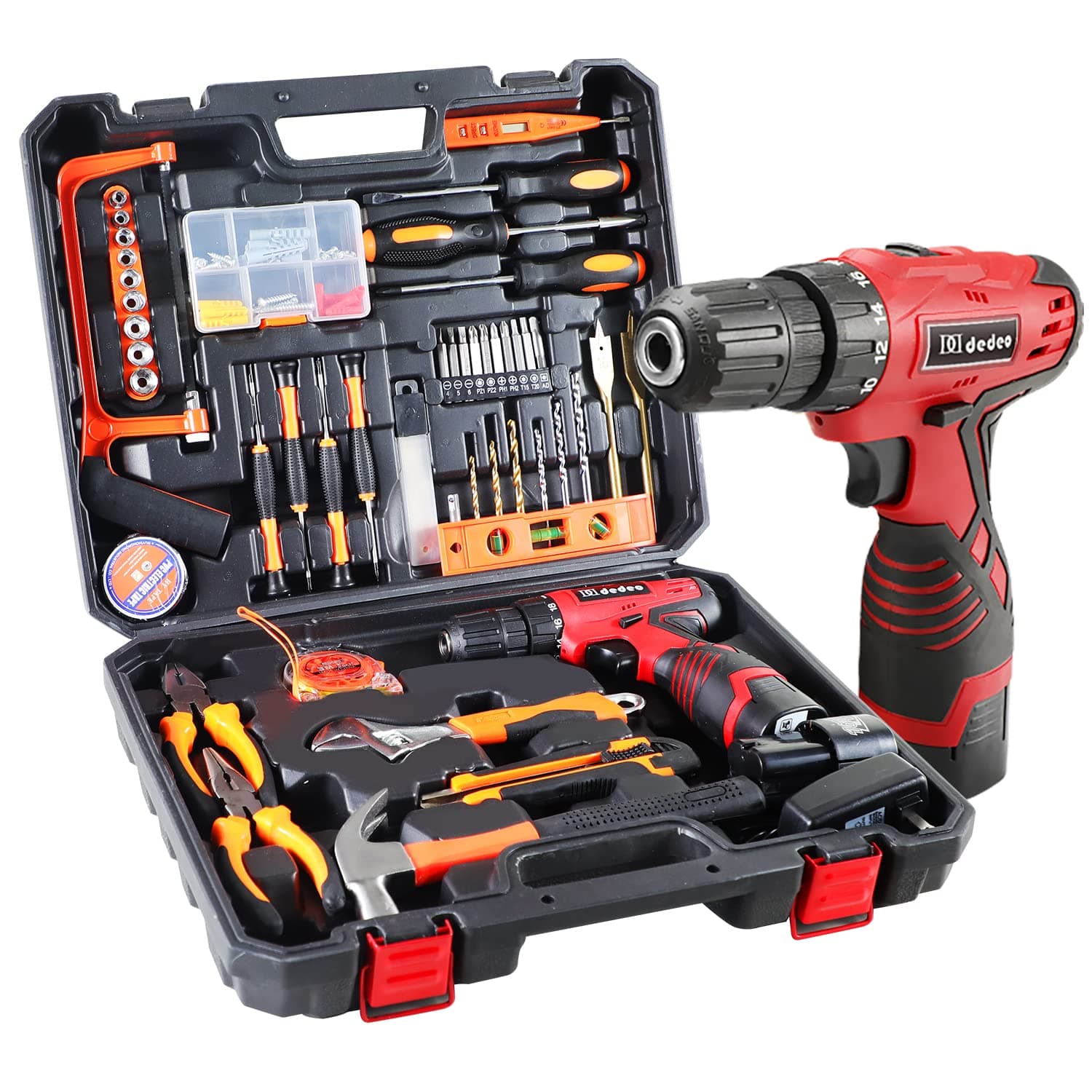 Tool Set with Drill, 108Pcs Cordless Drill Household Power Tools Set with 16.8V Lithium Driver Claw Hammer Wrenches Pliers DIY Accessories Tool Kit