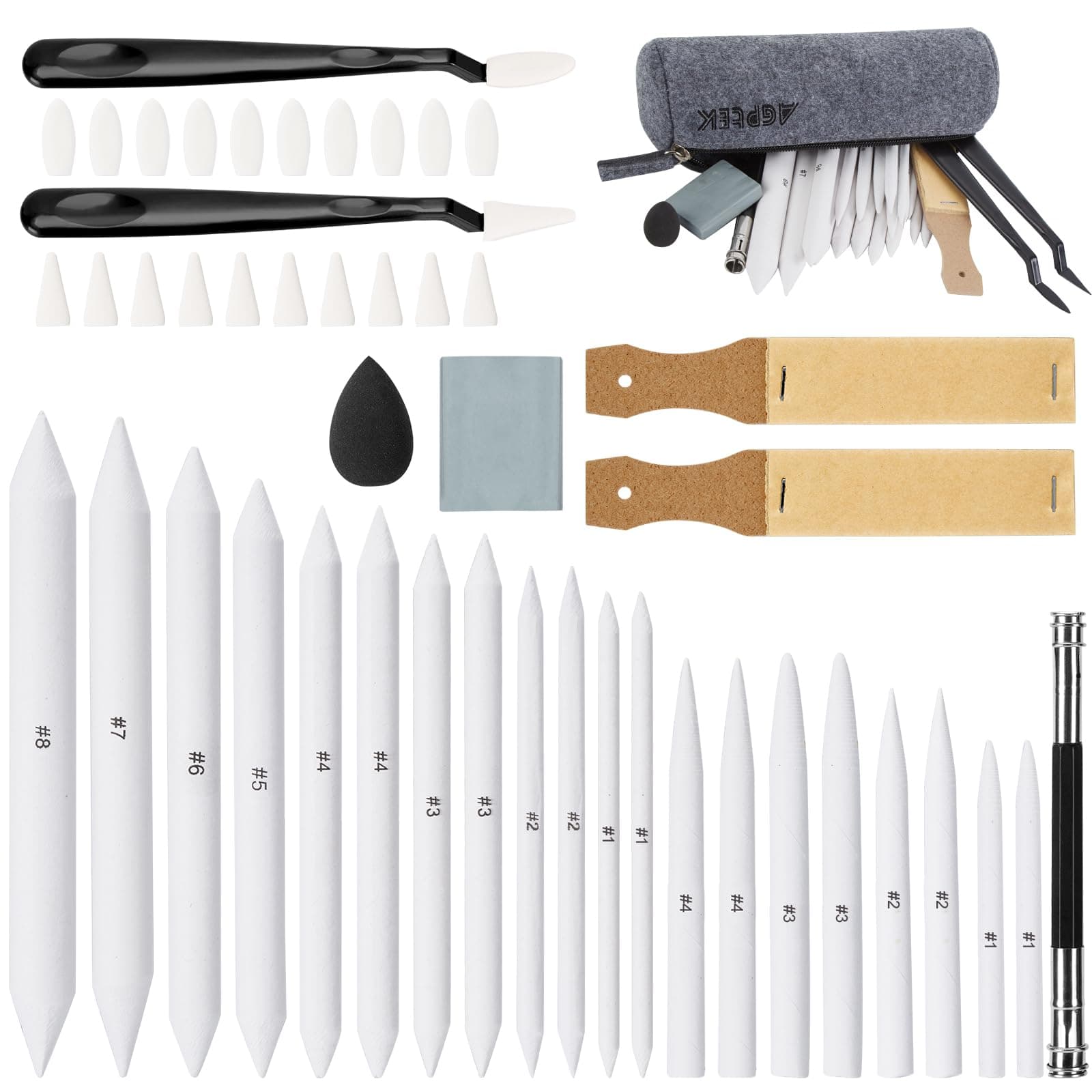 AGPTEK 48 PCS Sketch Drawing Tools, 20 Blending Stumps Set and 2 Sandpaper Pencil Sharpeners, Pencil Extension, Erasers,20 sponge replacement heads & 1 Felt Bag for Student Sketch Drawing Accessories