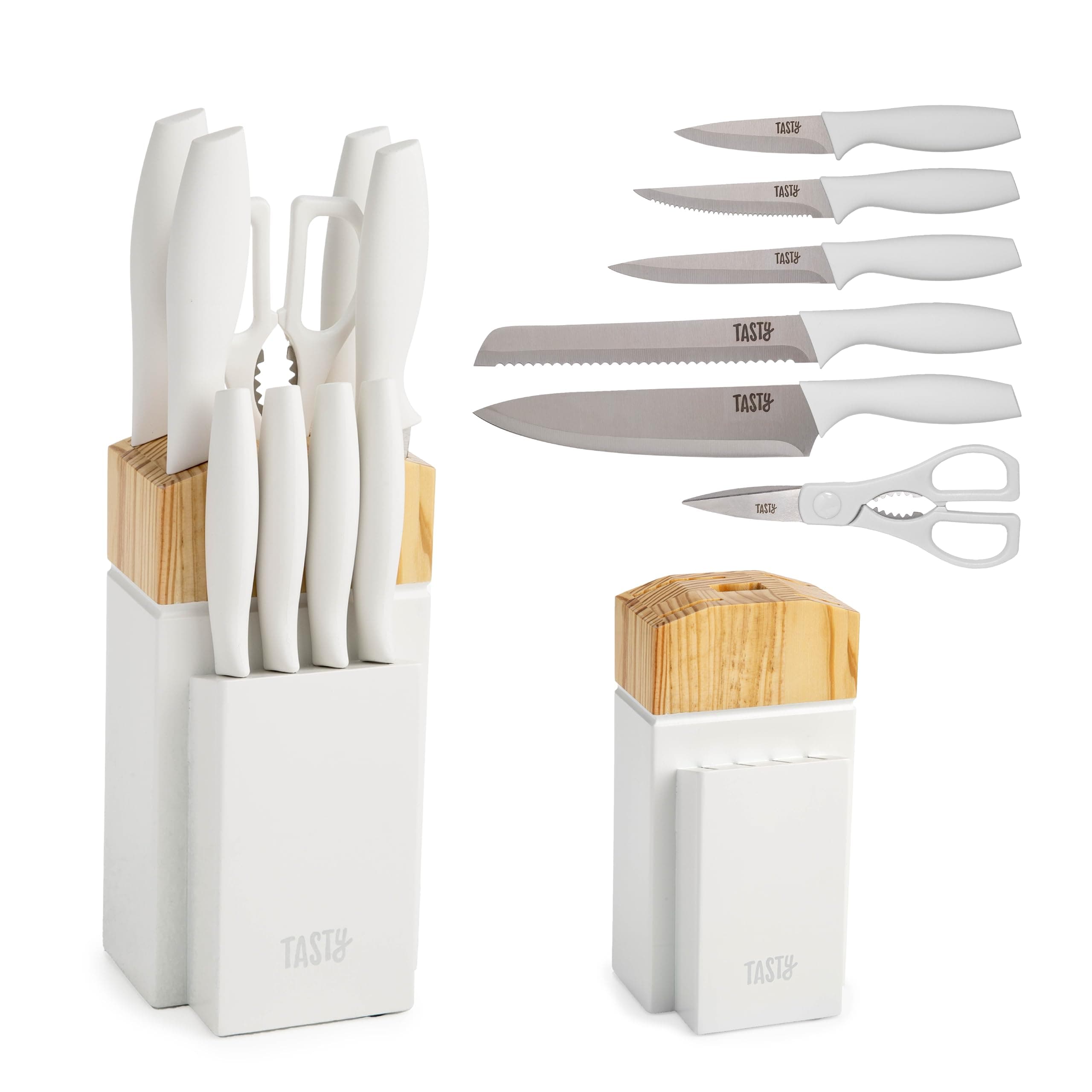 Tasty Kitchen Knife Set with Block, Cutlery Set includes Chef, Bread, Utility, Paring, Steak Knives & Shears, 10-Piece, White