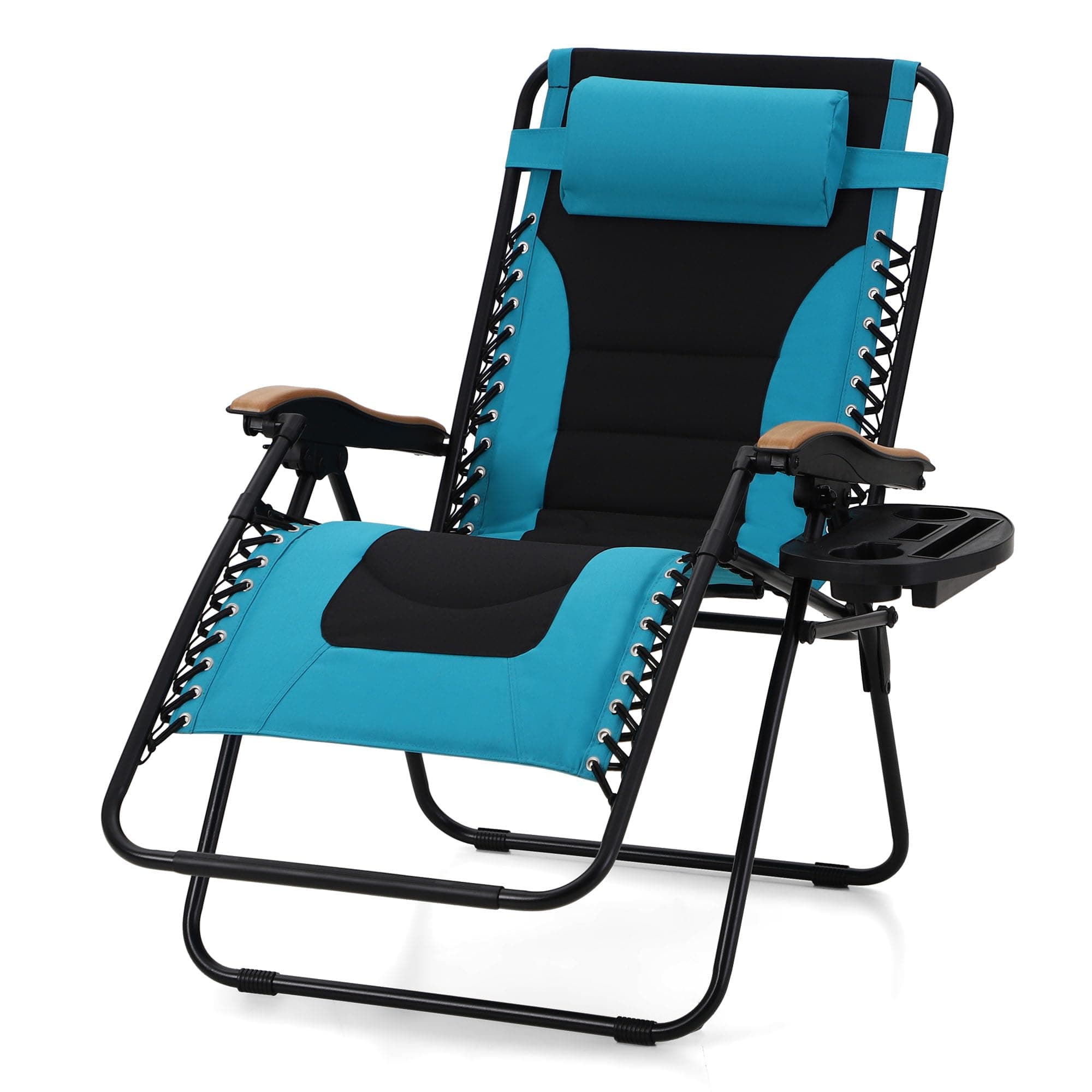 MFSTUDIO Zero Gravity Chairs, Oversized Patio Recliner Chair, Padded Folding Lawn Chair with Cup Holder Tray, Support 400lbs, Pacific Blue
