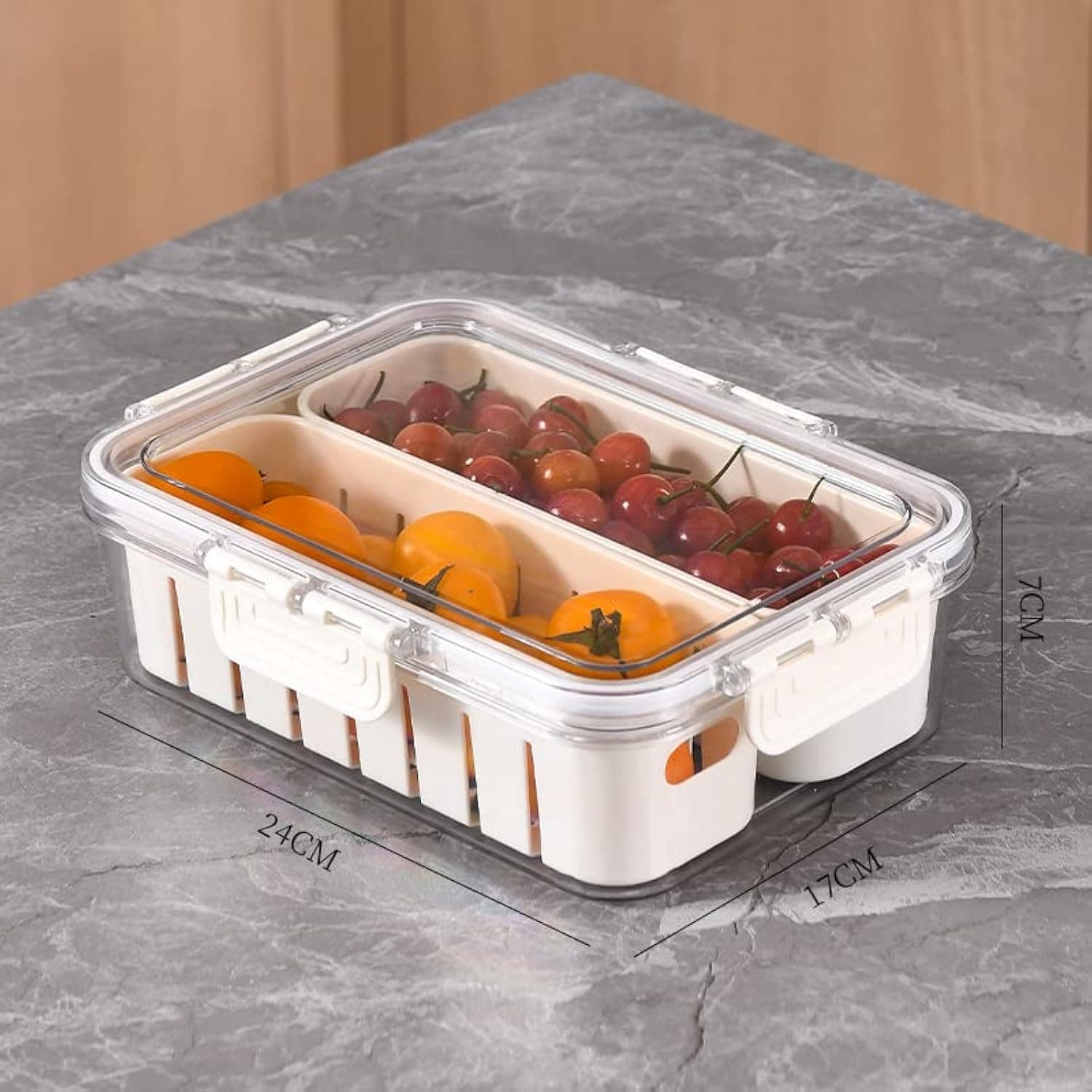 NEEMAY Refrigerator Organizer Box, Food Storage Container Fruit Storage Container for Fridge with 2 Drain Basket in One Container, Stackable Vegetable Strainers Box with Lid 1 Box/Set of White