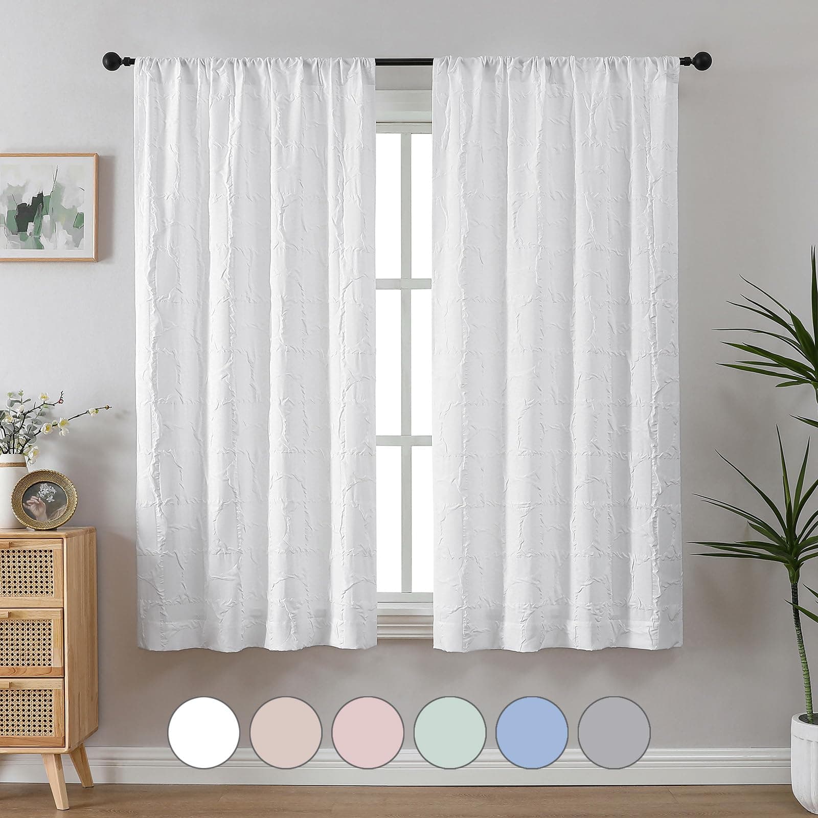 Aiyufeng White 3D Embossed Textured Light Filtering Curtains, 2 Panels Set, 38"W x 63"L, Modern, Contemporary, Rod Pocket, White, Geometric, 2 Count, Bedroom, Living Room