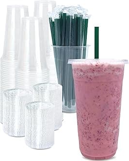 [100 SETS] 32 oz Clear Plastic Cups with Lids and STRAWS, Disposable Drinking Cups for Cold Drinks, Iced Coffee, Milkshakes, Smoothies