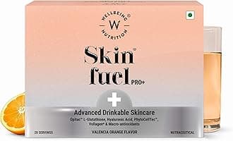 Skin Fuel Pro+ | Glutathione, Vit C & E, CoQ10, Vollagen & PhytoCellTech | Reduced Pigmentation & Dark Spots, Brightens Skin Tone, Anti-aging | Valencia Orange Flavour, 28 Servings