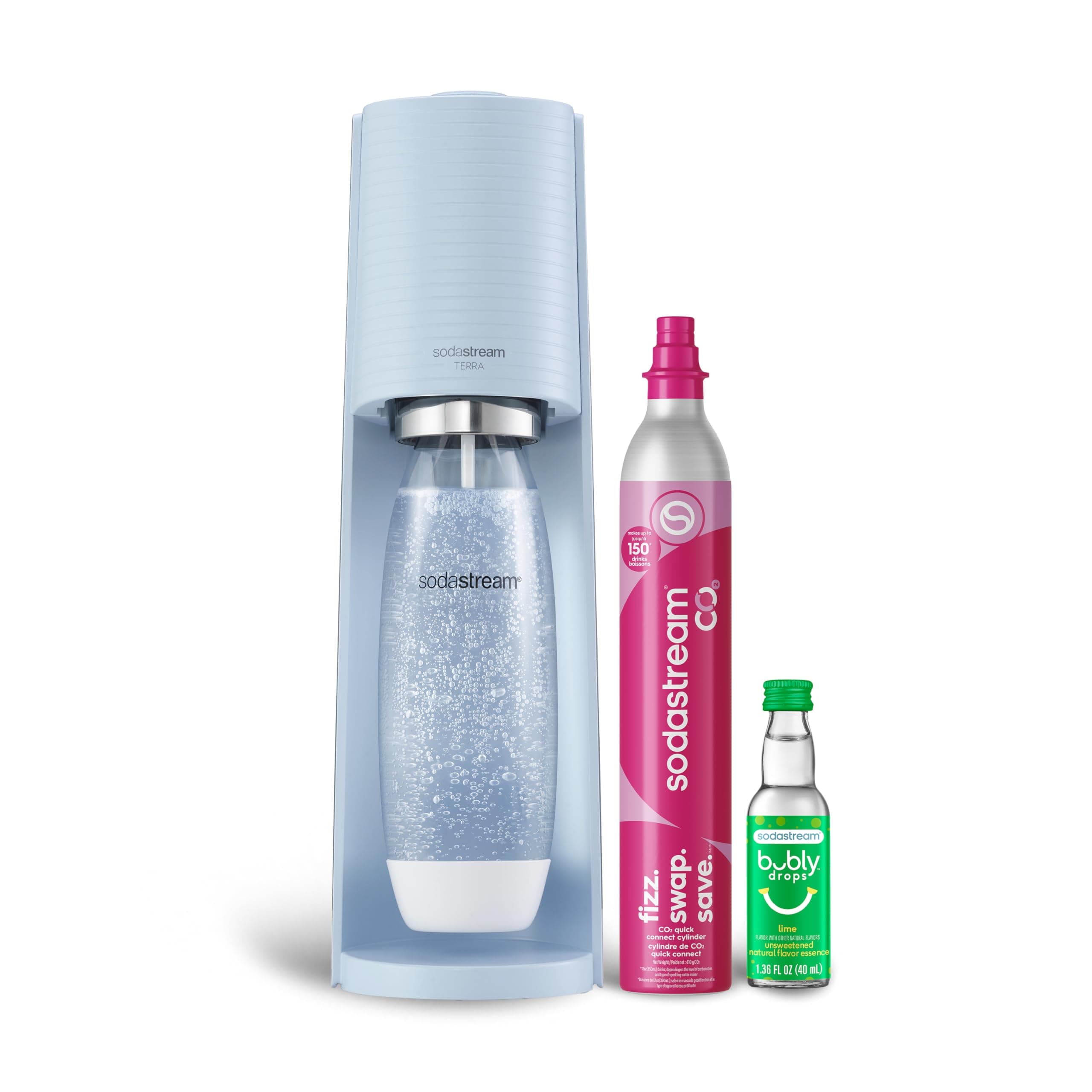 SodaStream Terra Sparkling Water Maker (Misty Blue) with CO2, DWS Bottle and Bubly Drop