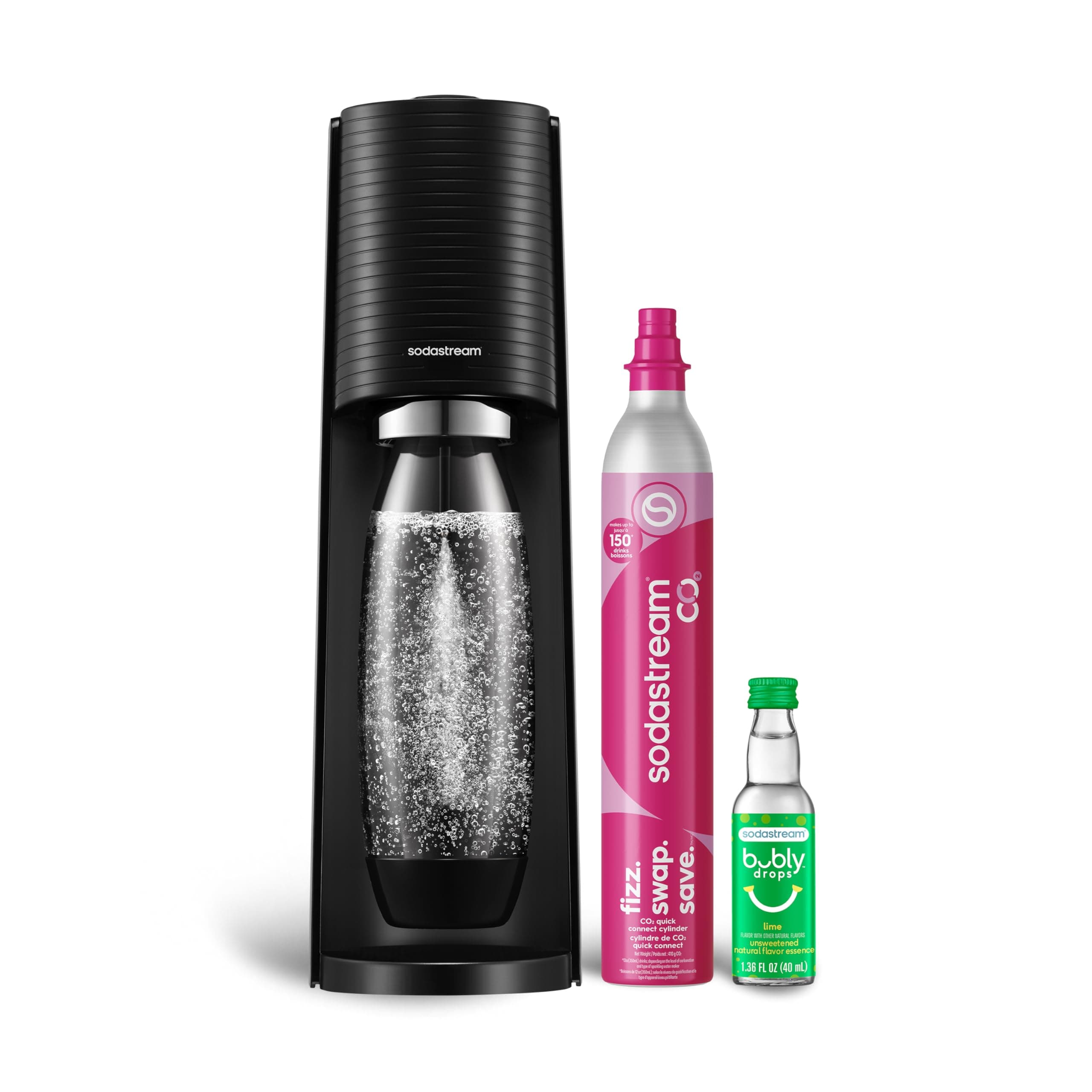 SodaStream - Terra Soda Streaming Machine - STARTER KIT - Sparkling Water Maker with CO2 & Bubly Drop - Eco-Friendly, No Batteries Needed - Black