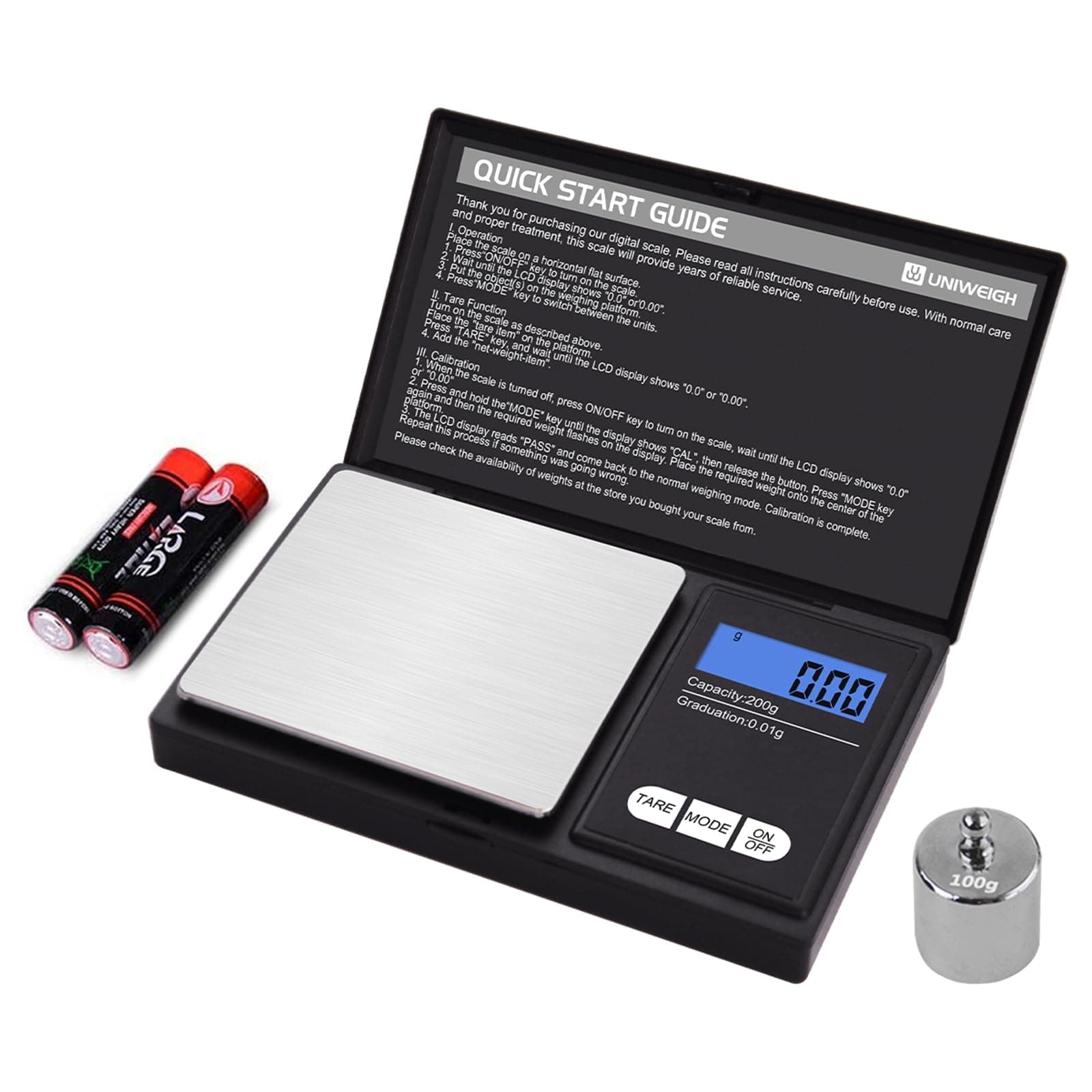 Digital Gram Scale,200g 0.01g/01oz Weight Scale Gram and Ounce,Electronic Smart Mini Pocket Scale with 100g Calibration Weight,for Grain,Gold,Jewelry,Power,LCD Display,Tare,Auto Off (UA200H)